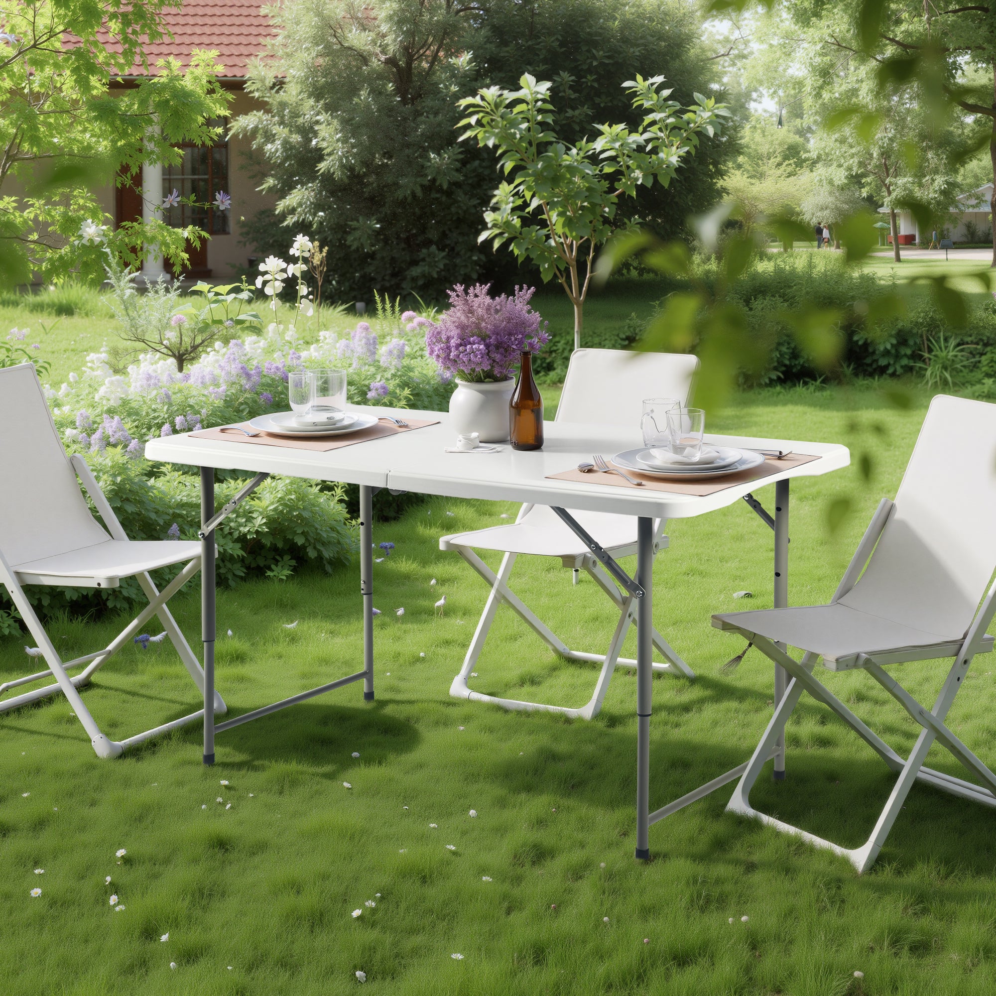 LOULA 4ft Folding Table, Height Adjustable 19–30 in, Fold-in-Half Portable Utility Table with Carry Handle, HDPE Top and Steel Legs, White