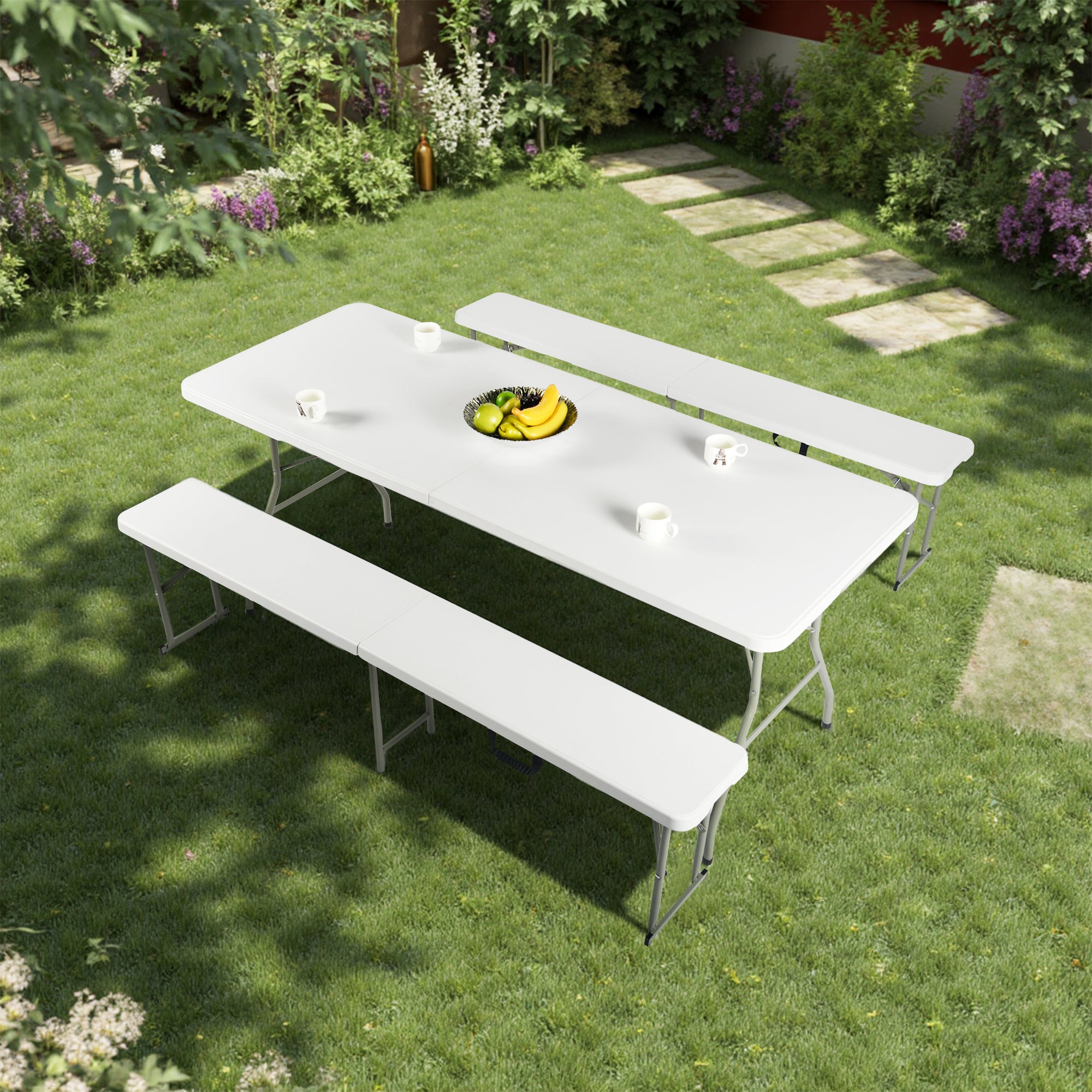 YIKA 6 Foot Folding Benches Set of 2 Portable Plastic Benches with Carry Handle Indoor Outdoor Seating White