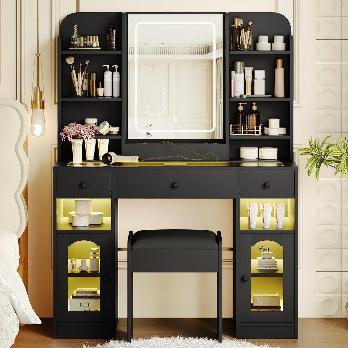 White Idun makeup vanity with LED mirror and two glass display cabinets