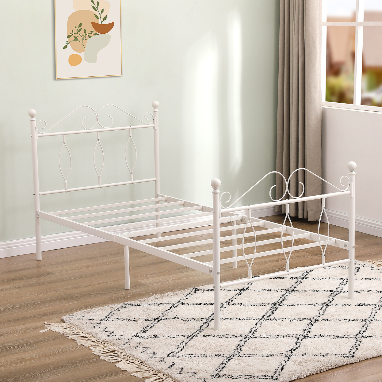 DANDY Twin Metal Bed Frame with Headboard and Footboard, Victorian Scroll Design, Steel Slats, No Box Spring, White