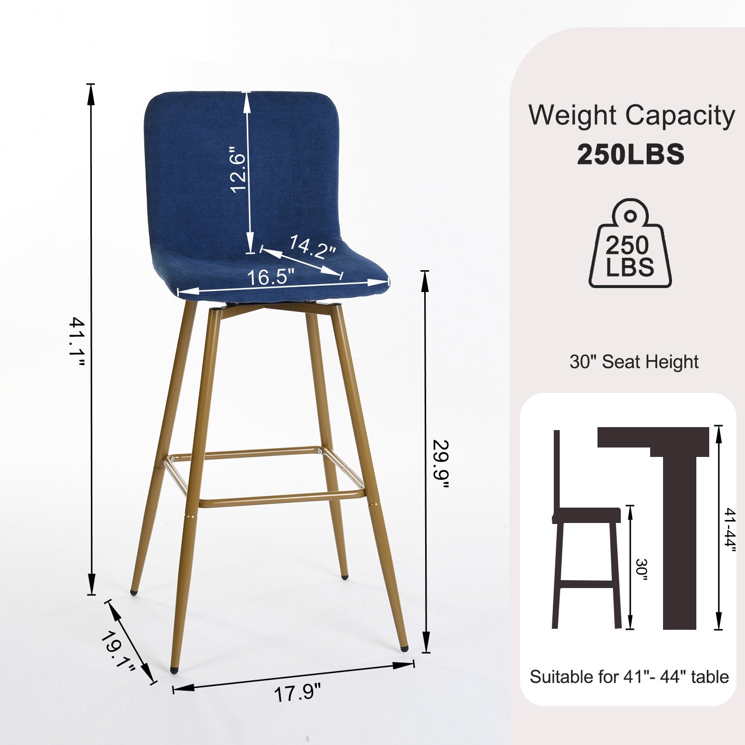 Homy Casa SCARGILL 2PC Navy Blue Barstool with Gold Legs, Modern Upholstered Bar Chair Open Box