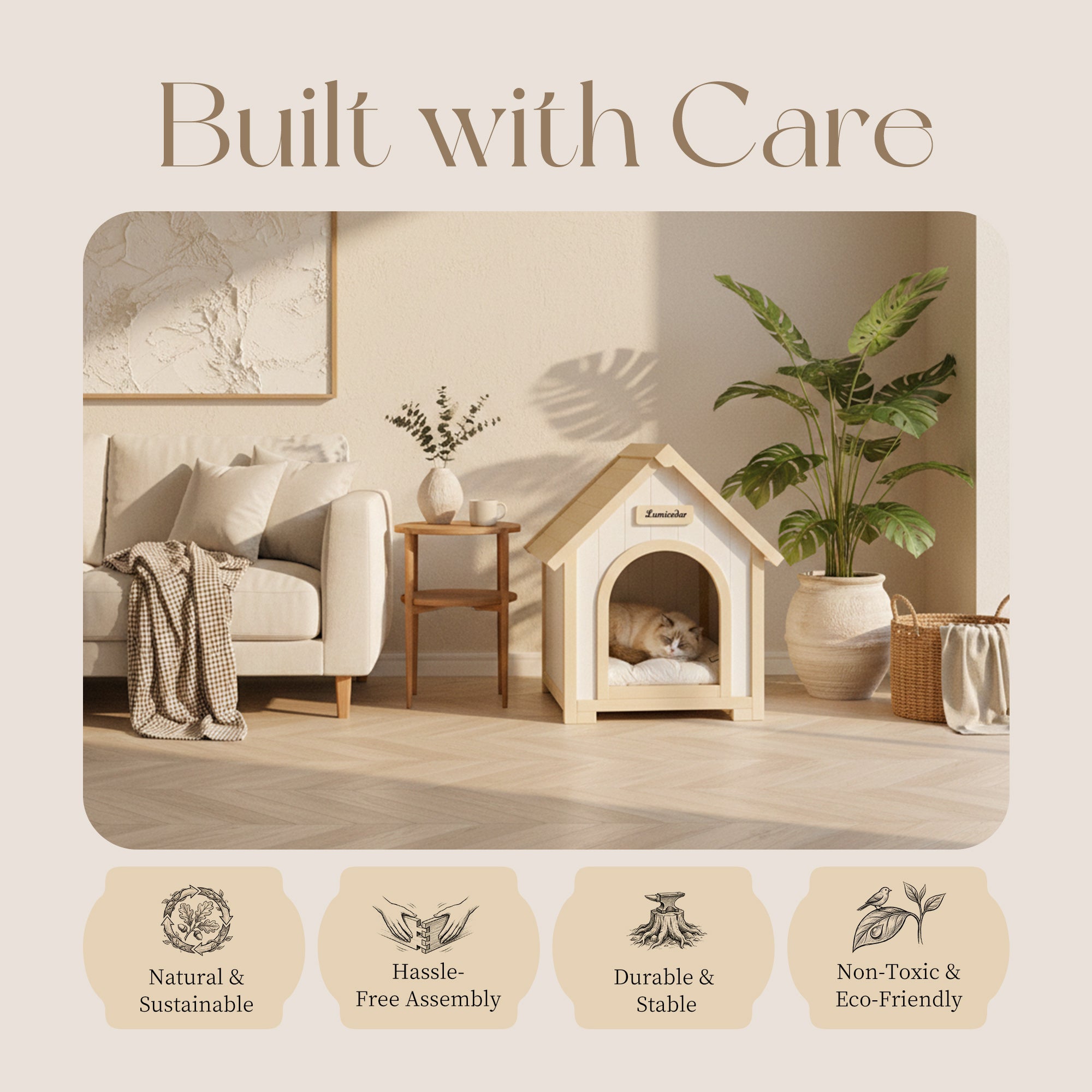 Homy Casa FSC Solid Cedar Pet House, 23.6" x 21.7" x 27.6", Indoor Cabin Shelter for Small Dogs & Cats, Cream Yellow