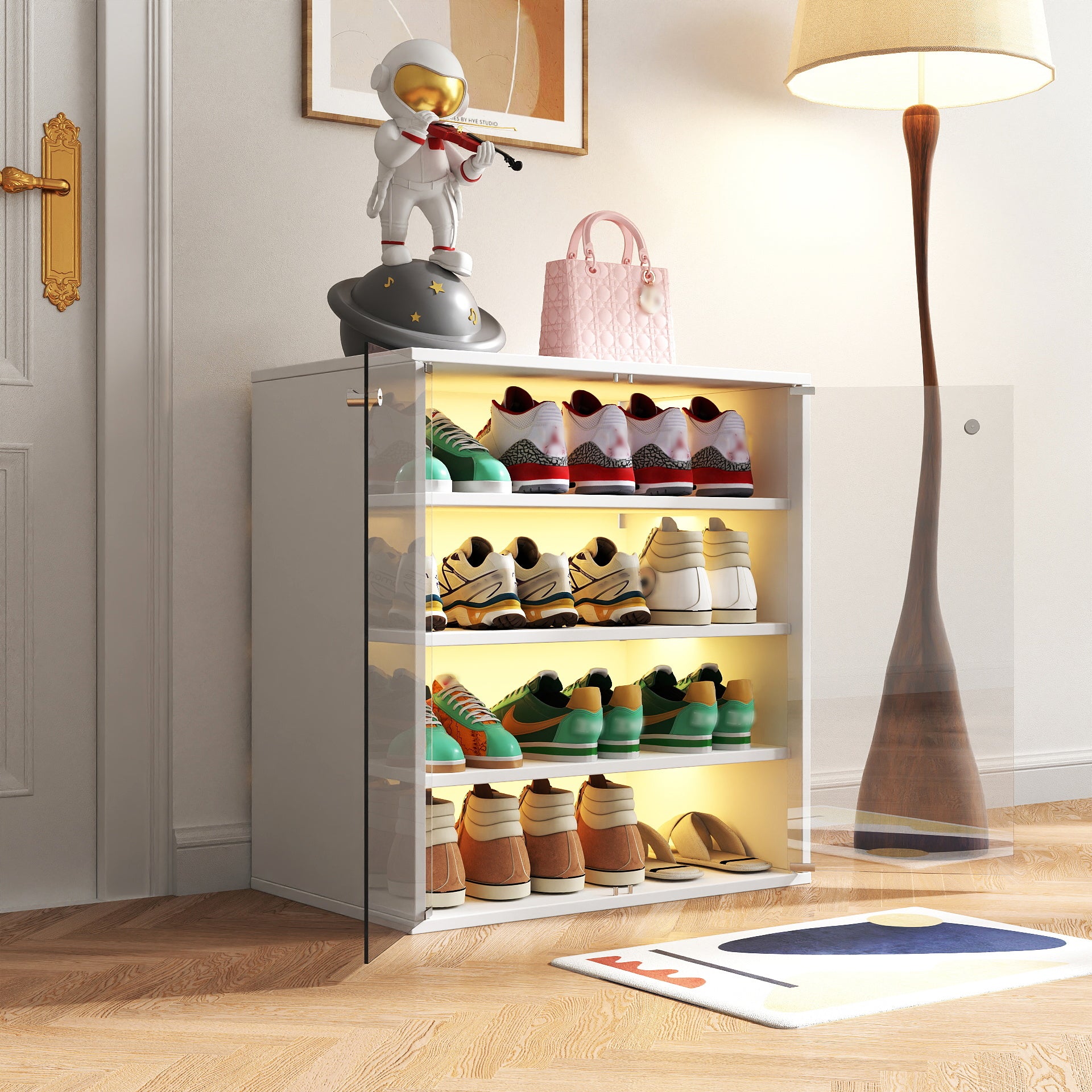 Stoneway 4 Tier Shoe Rack Shoe Cabinet With Glass Doors and LED Light