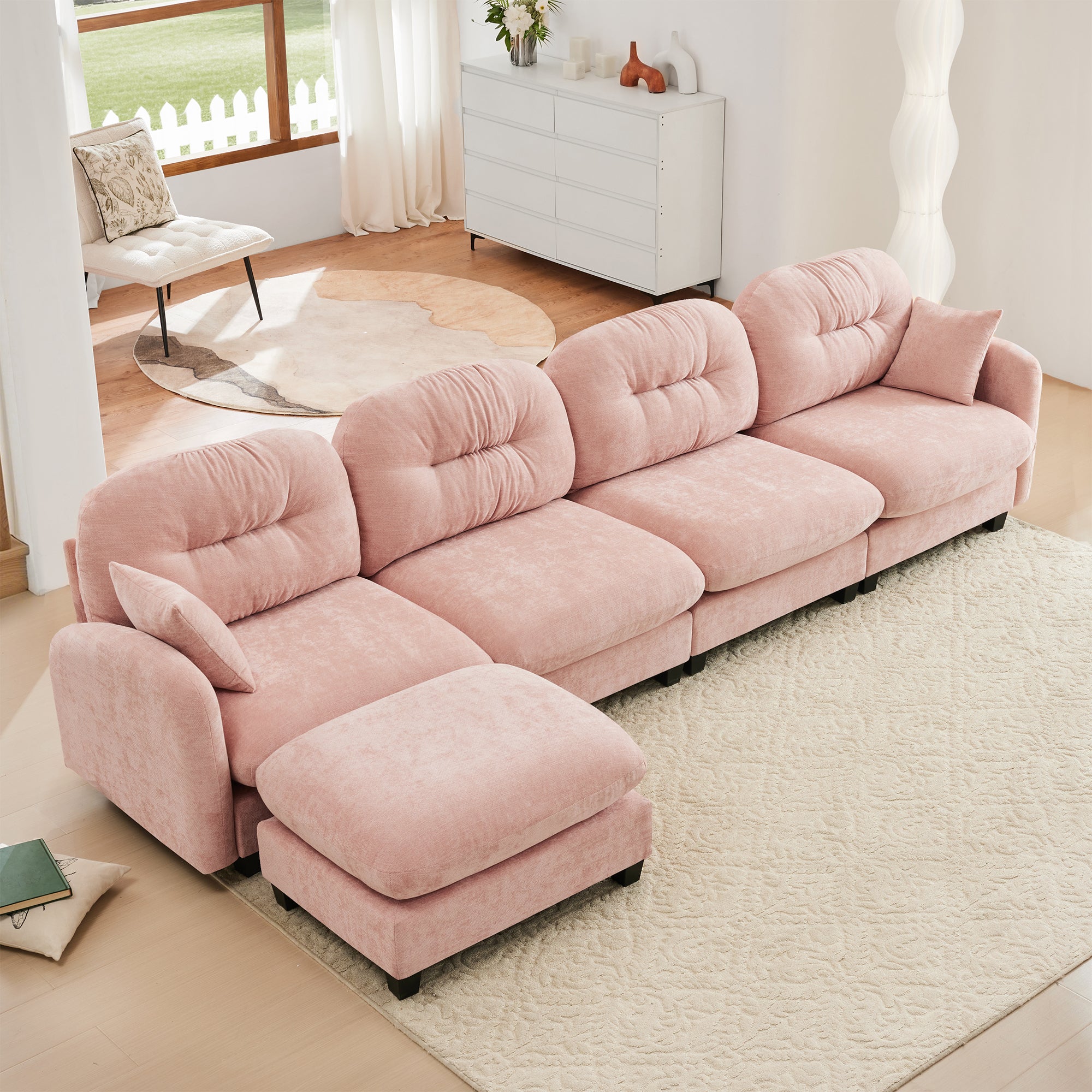 Roselyn 140" Modular Chenille Cloud L-Shaped Sectional Sofa with Ottoman and Tufted Cushion Backrest