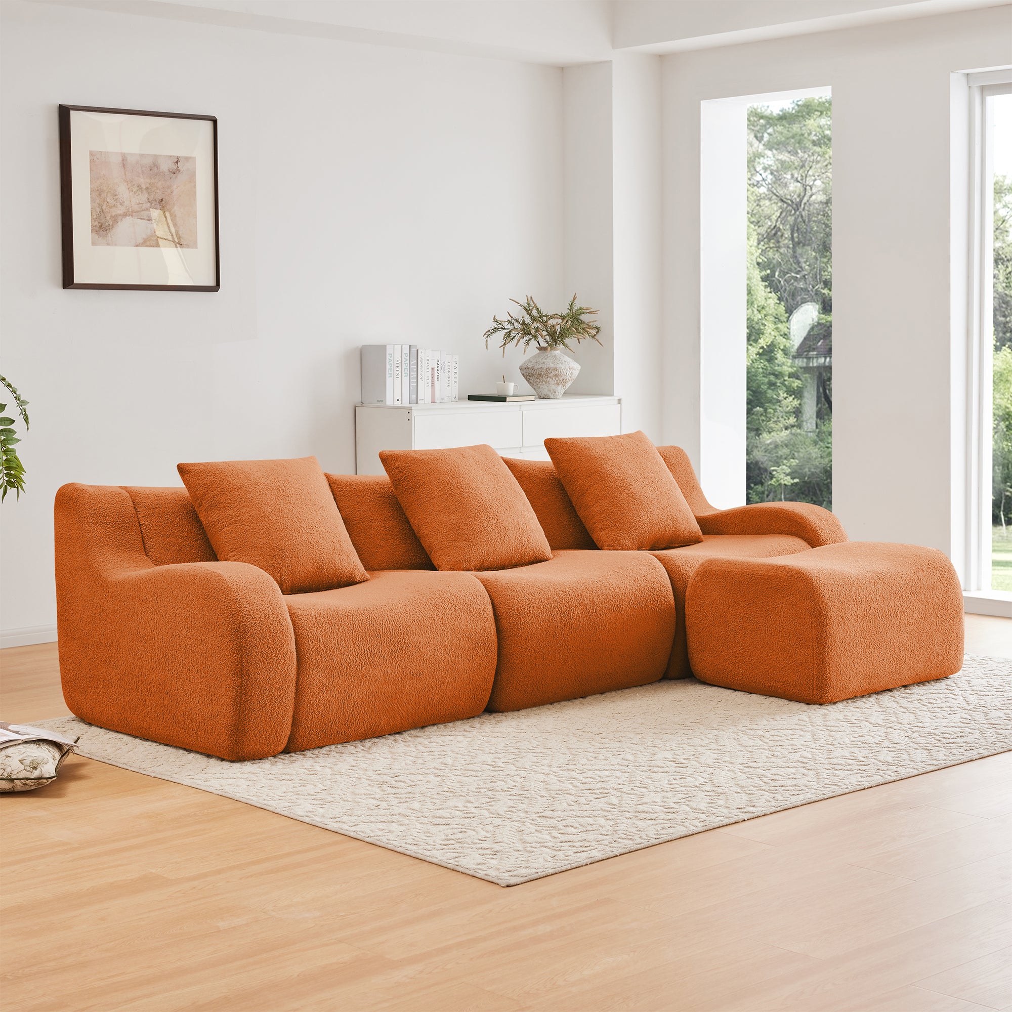 Chico 115" Modular Teddy Fabric L-Shaped Sofa with Curved Armrests and Movable Ottoman
