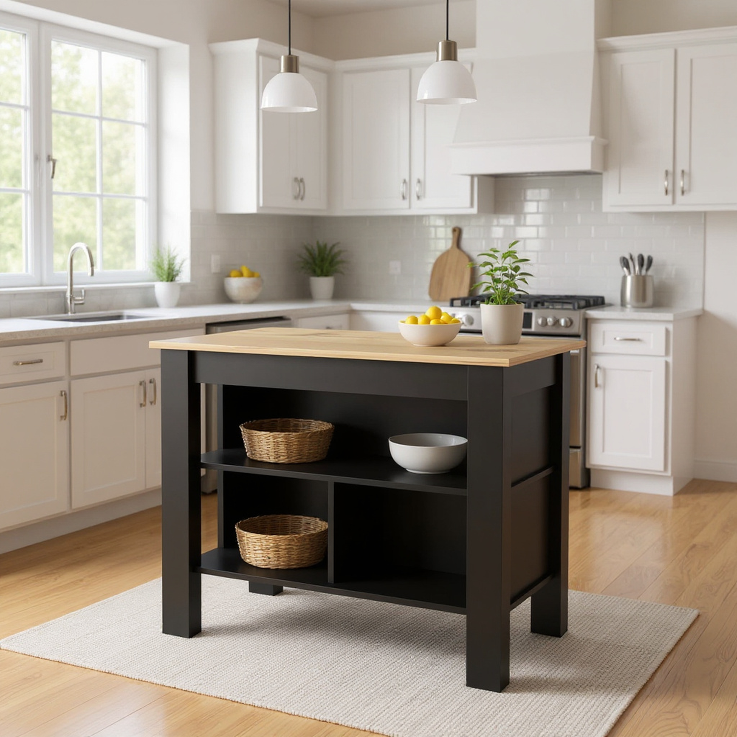 3-Shelf Kitchen Island Black Wengue and Light Oak