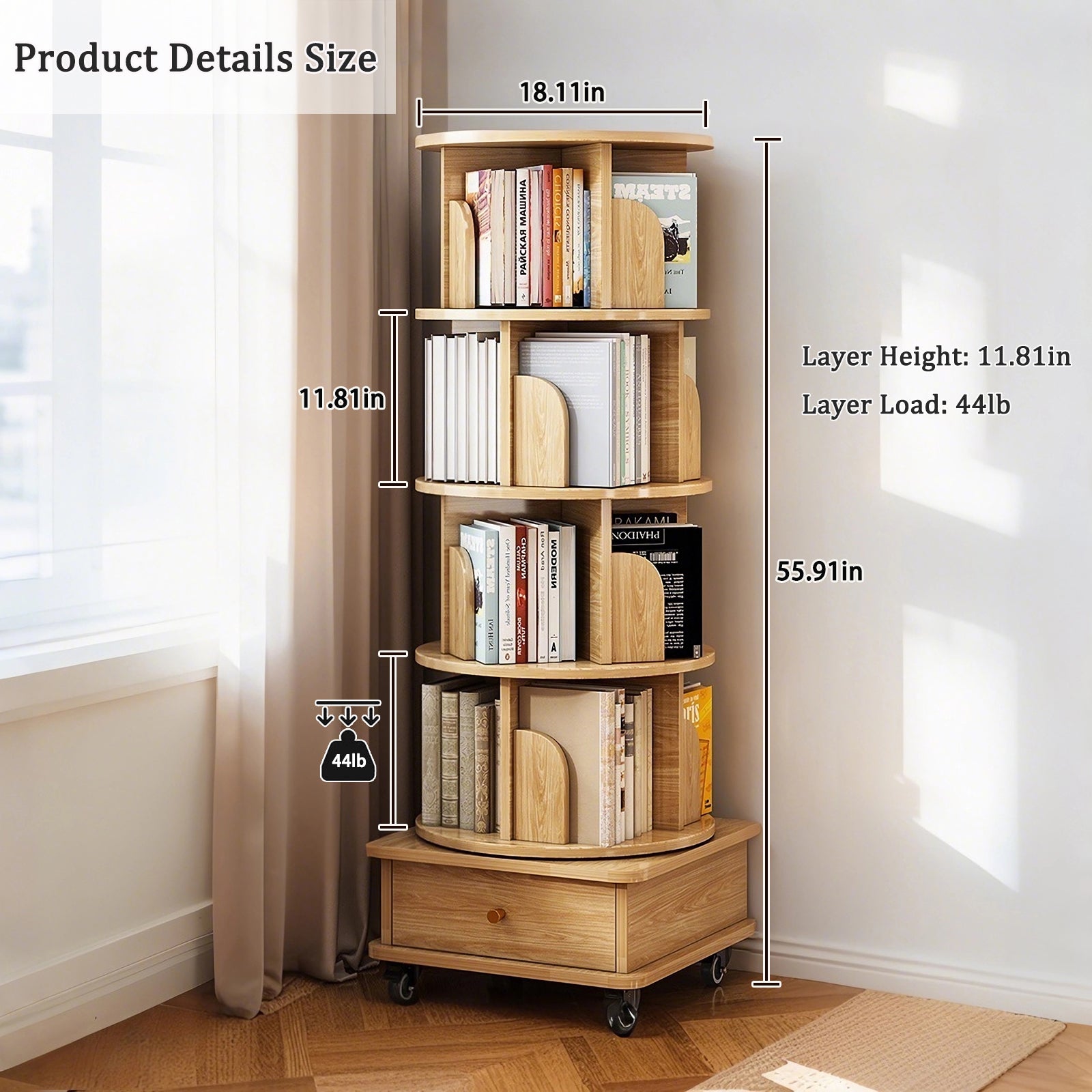 Sophia 5 Tier Rotating Bookshelf Display Stand with Drawer and Wheels