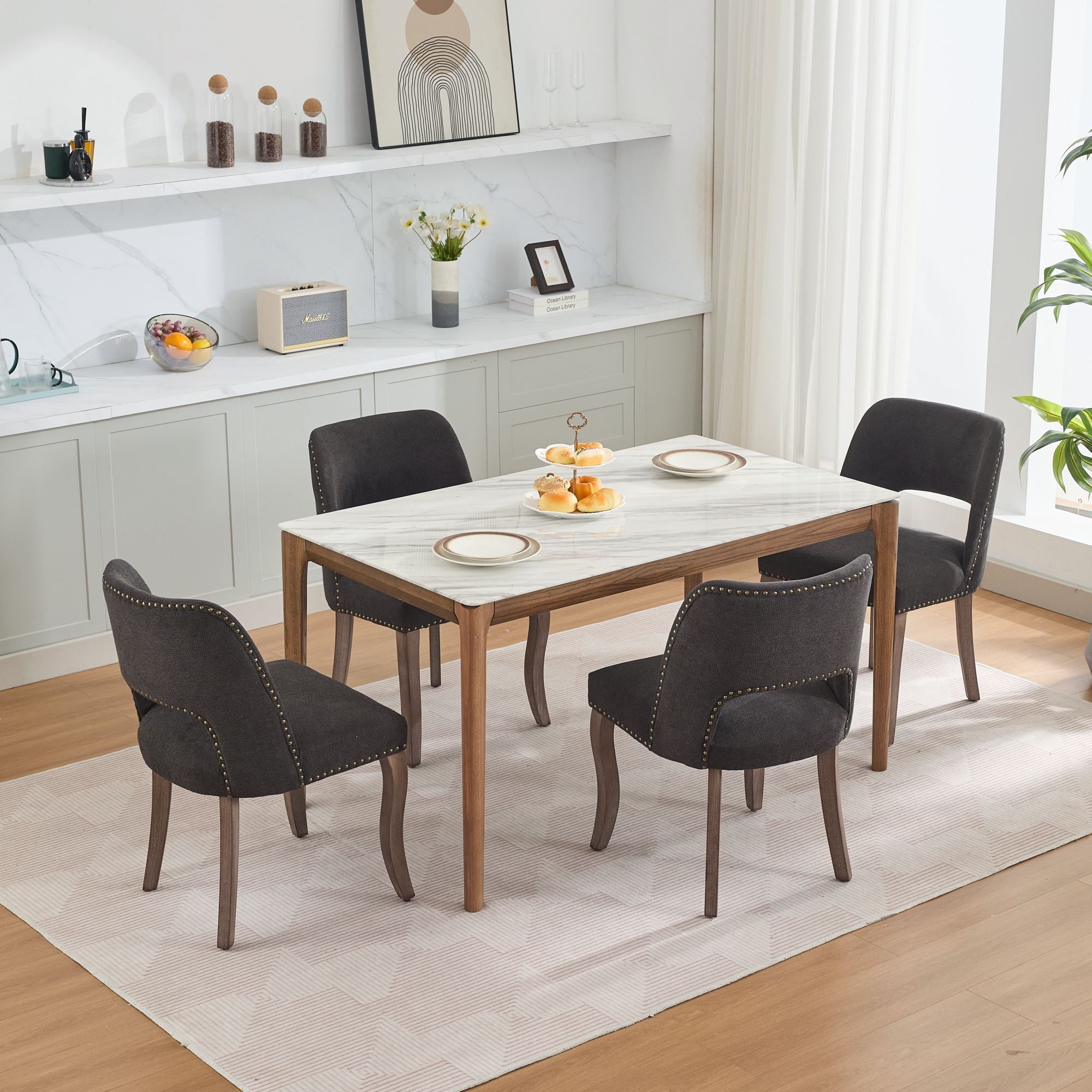 Tiberis Modern Fabric Upholstered Dining Chair Set of 2 Wood Frame