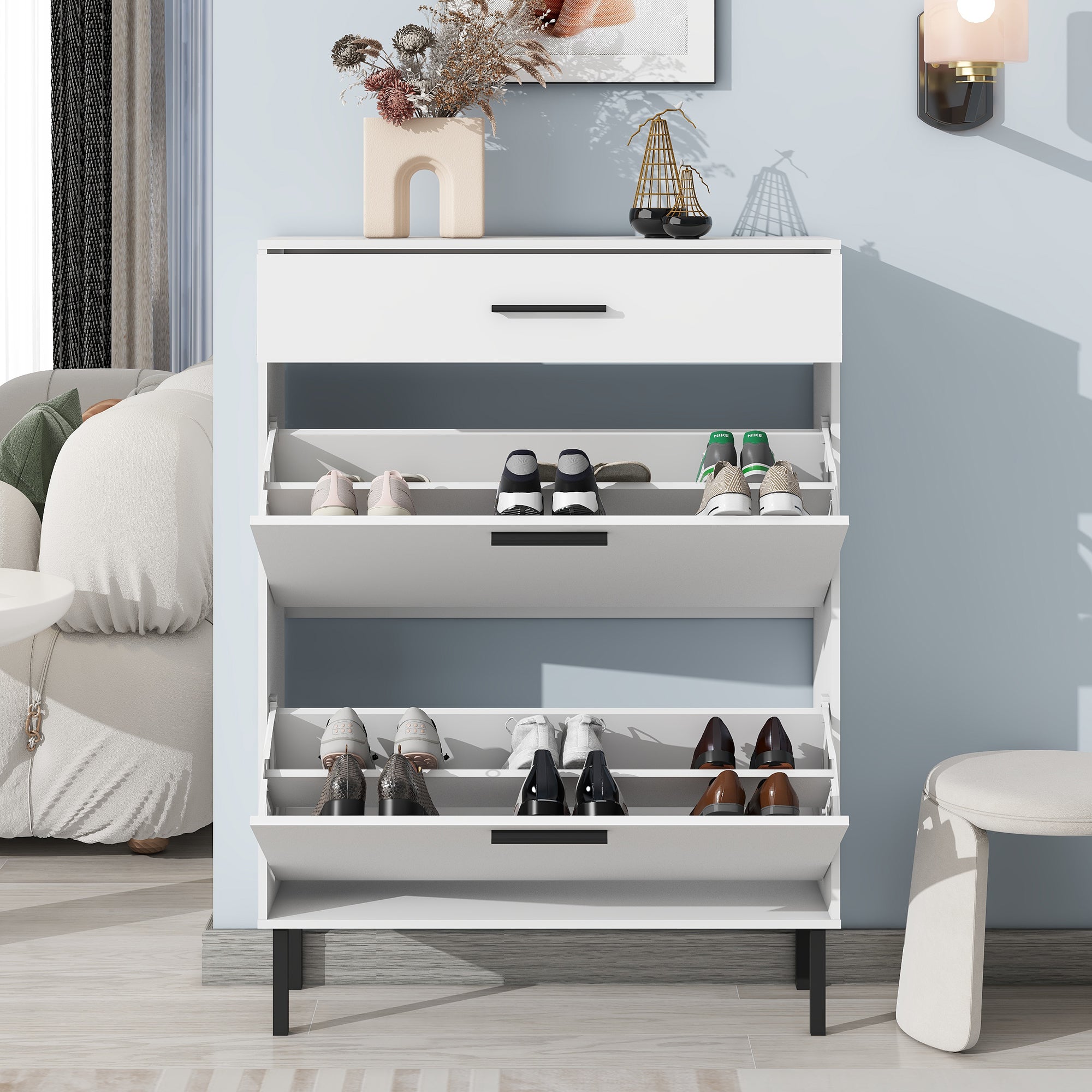 Harbor Modern Shoe Storage Cabinet with Drawer, White