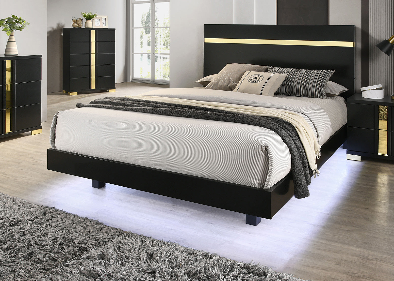 Black 1pc Full Size Bed Underbed LED Modern Bedroom Furniture Acrylic Trim Mattress Ready Bedframe