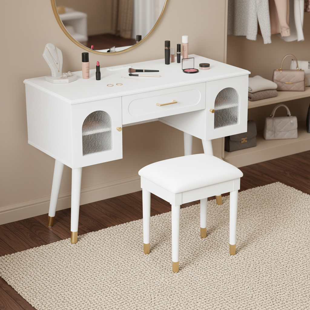 Amara Makeup Vanity Table and Stool Set, White