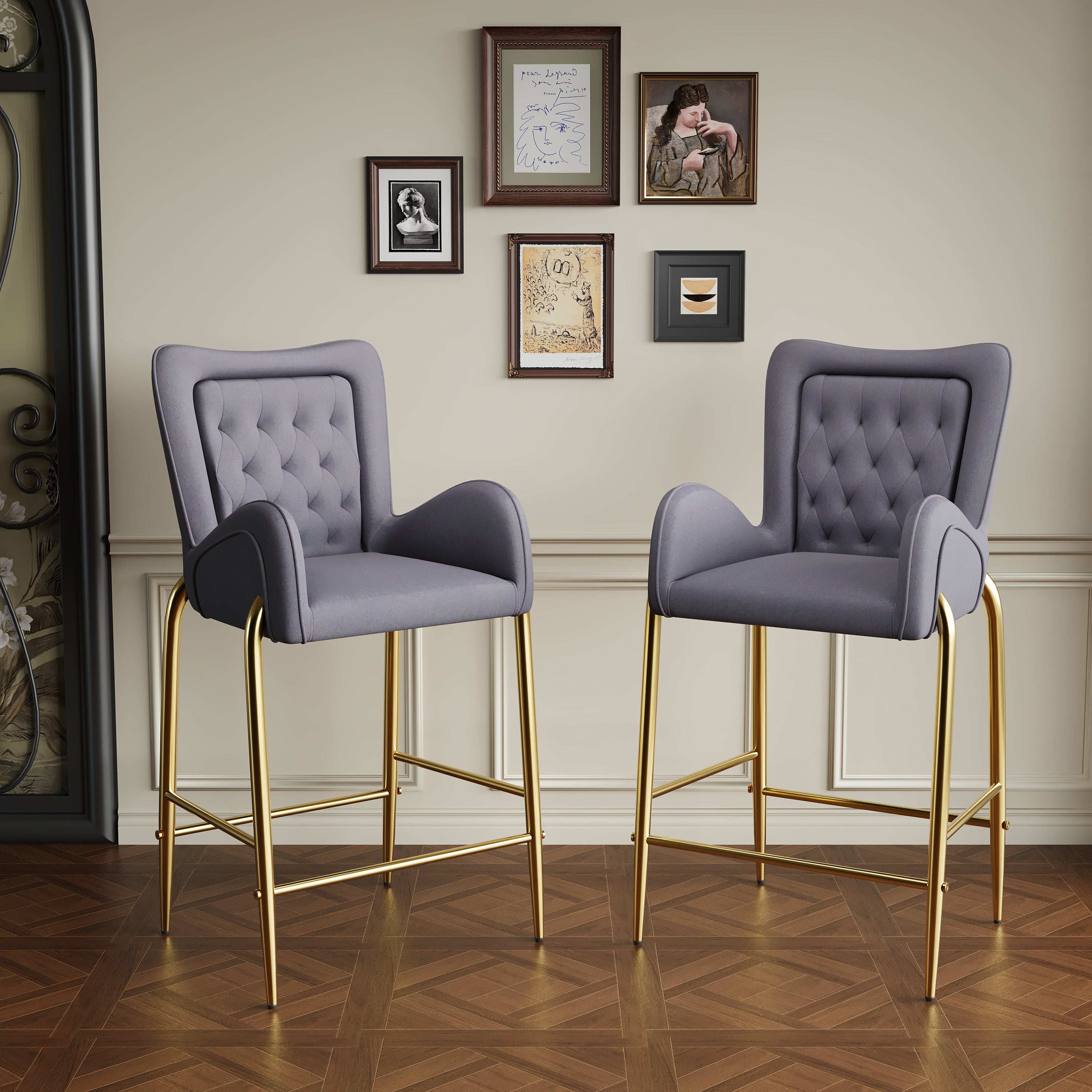 Seren 28.75" Modern Velvet Counter Height Bar Stools Set of 2 with Gold Legs and Footrest
