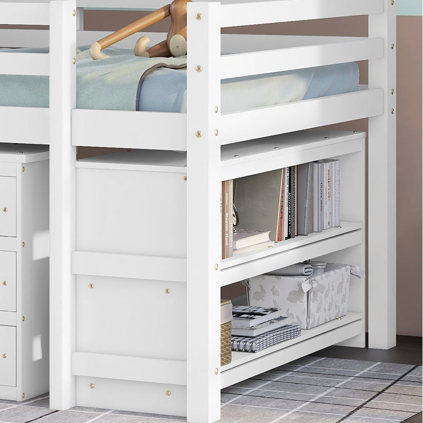 Ylven Full Size Low Loft Bed with Rolling Desk, Three-Drawer Chest and Bookshelf