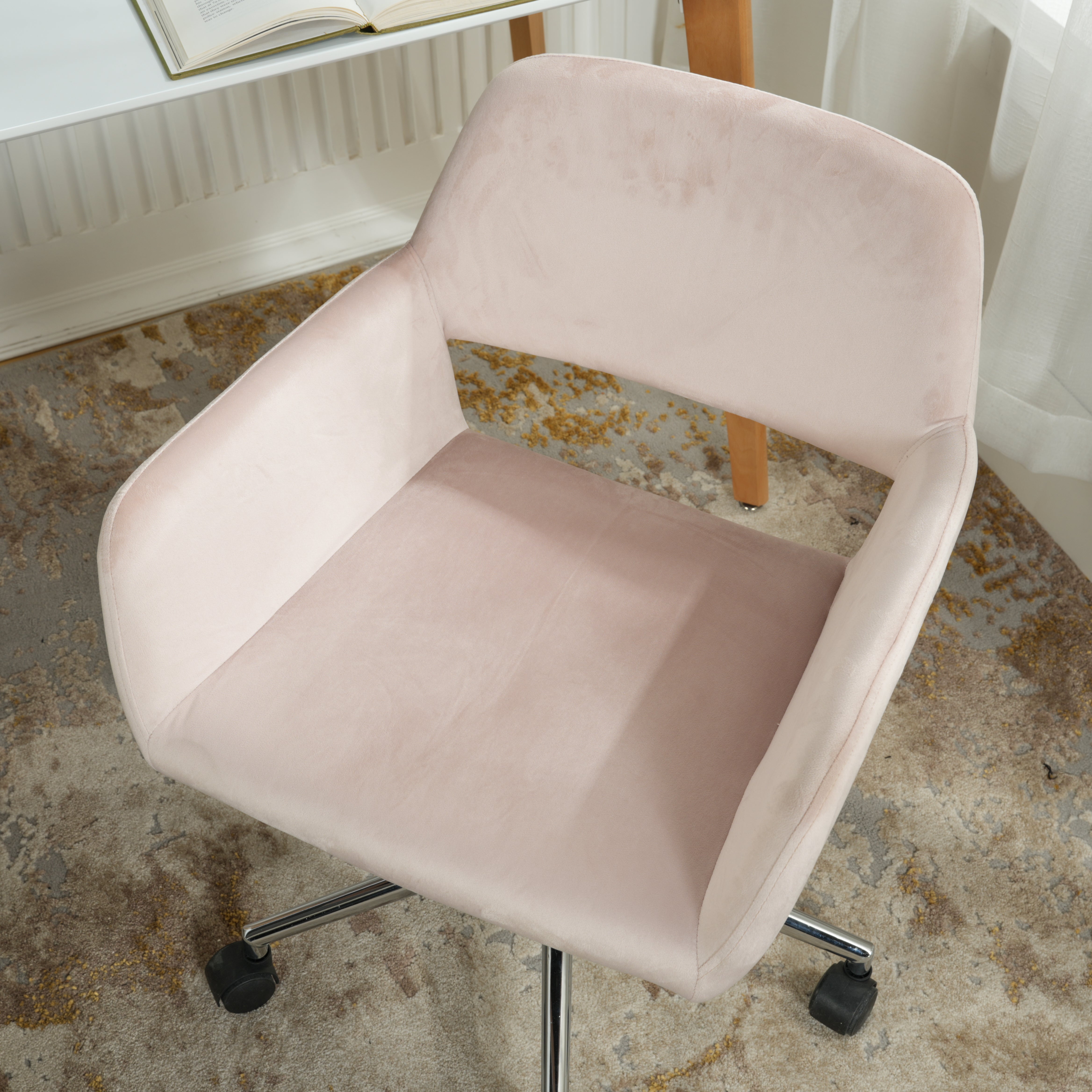 ROSS Velvet Swivel Desk Chair with Arms, Adjustable Height Task Chair on Wheels, Chrome Base, Blush Pink