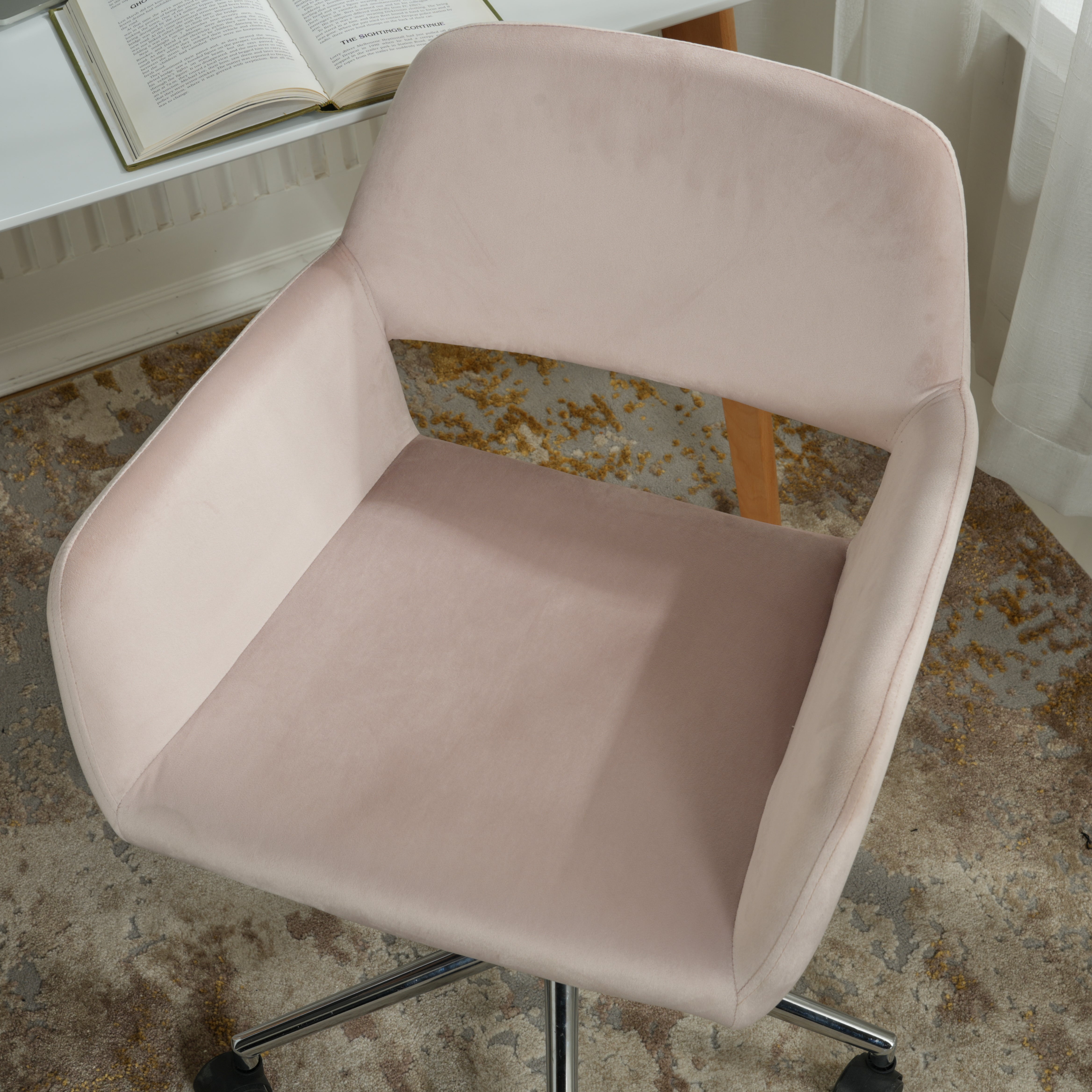 ROSS Velvet Swivel Desk Chair with Arms, Adjustable Height Task Chair on Wheels, Chrome Base, Blush Pink
