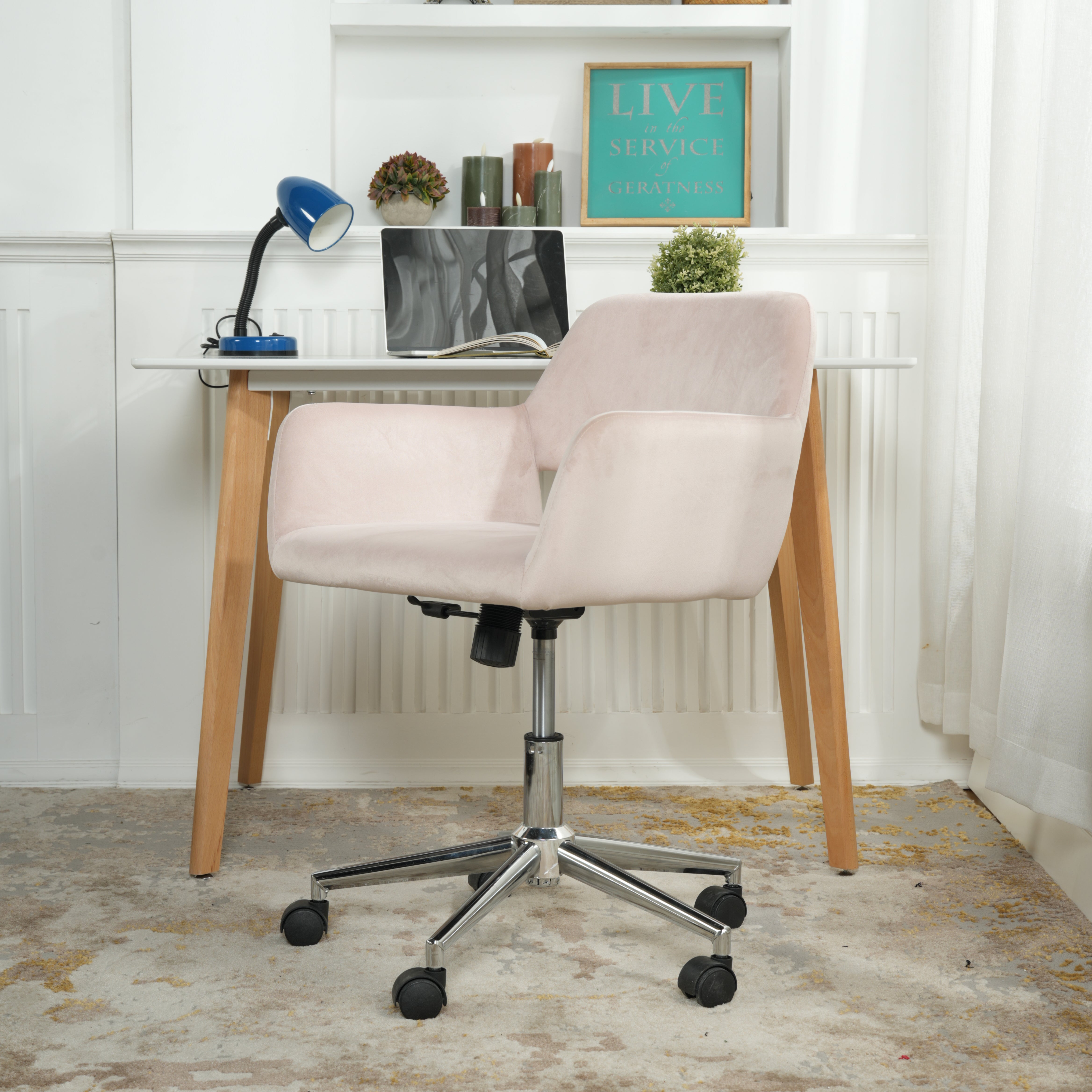 ROSS Velvet Swivel Desk Chair with Arms, Adjustable Height Task Chair on Wheels, Chrome Base, Blush Pink