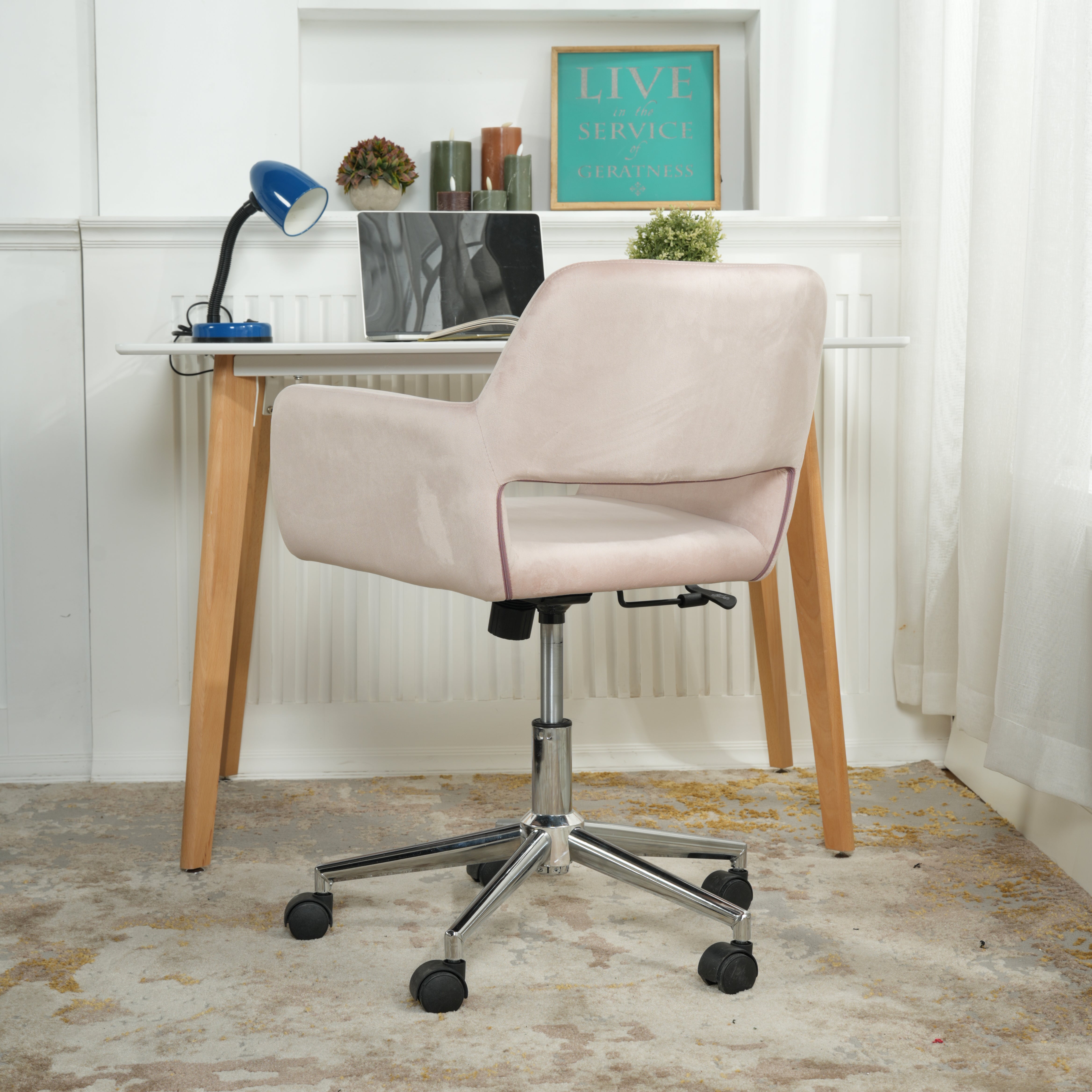 ROSS Velvet Swivel Desk Chair with Arms, Adjustable Height Task Chair on Wheels, Chrome Base, Blush Pink