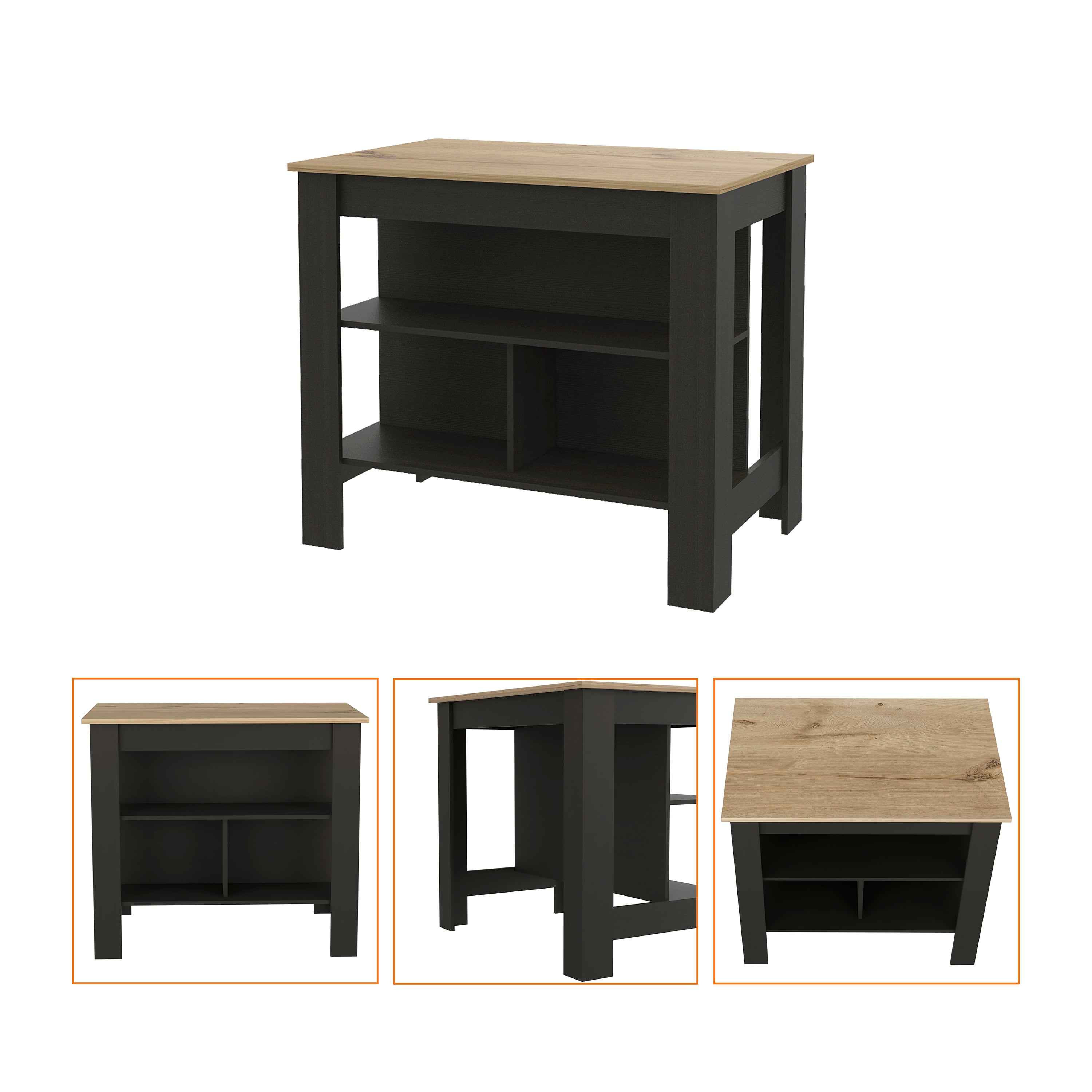 3-Shelf Kitchen Island Black Wengue and Light Oak