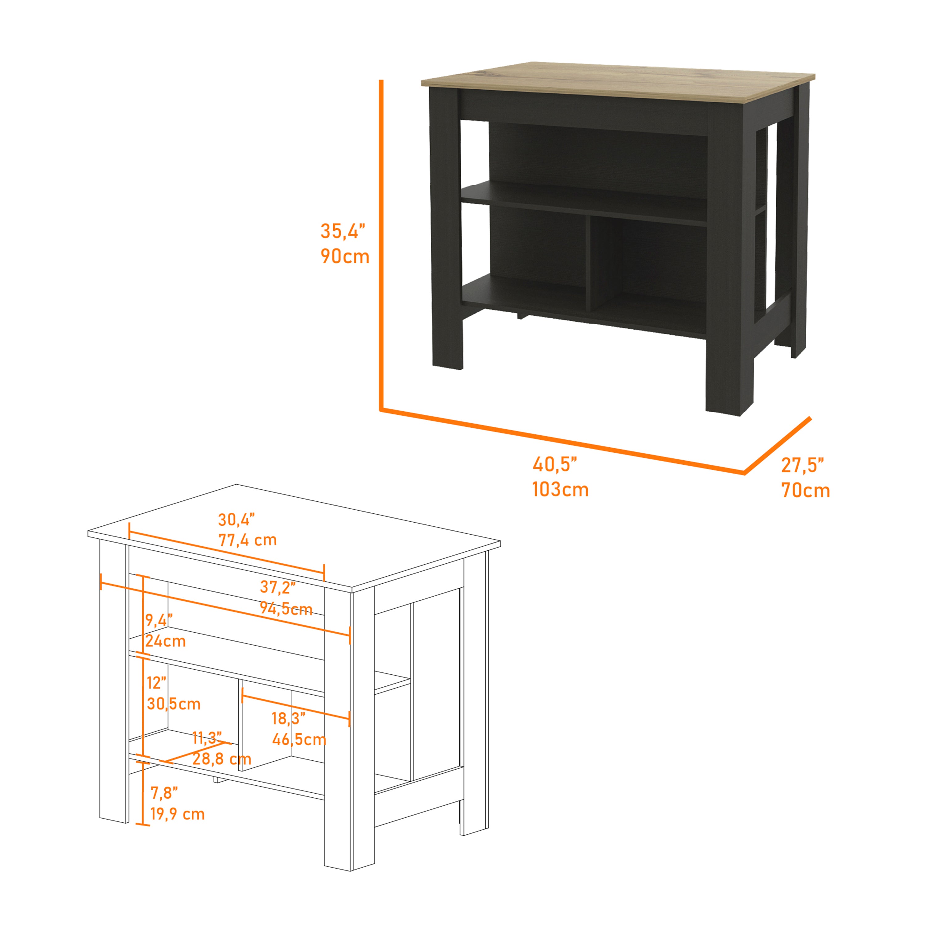 3-Shelf Kitchen Island Black Wengue and Light Oak