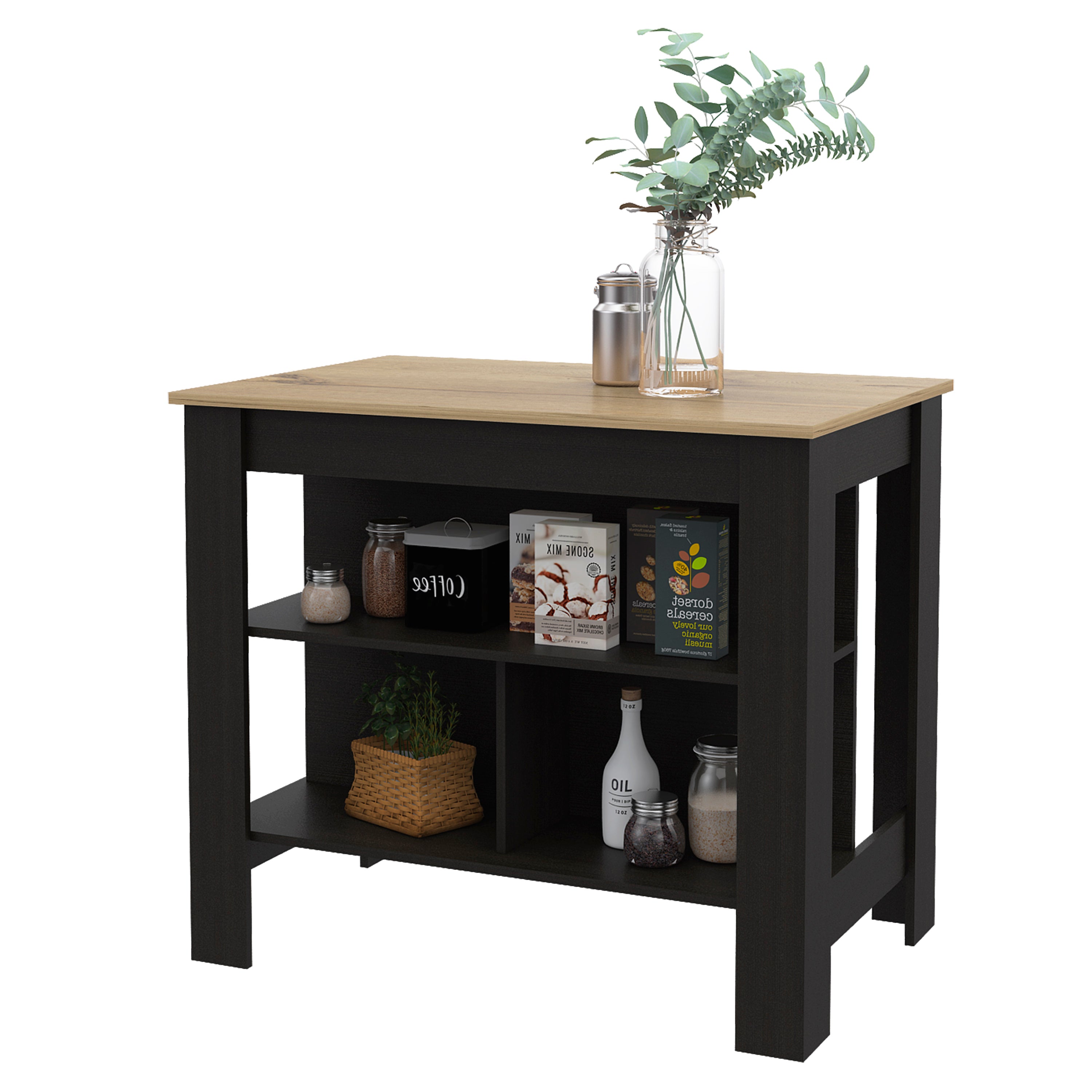 3-Shelf Kitchen Island Black Wengue and Light Oak