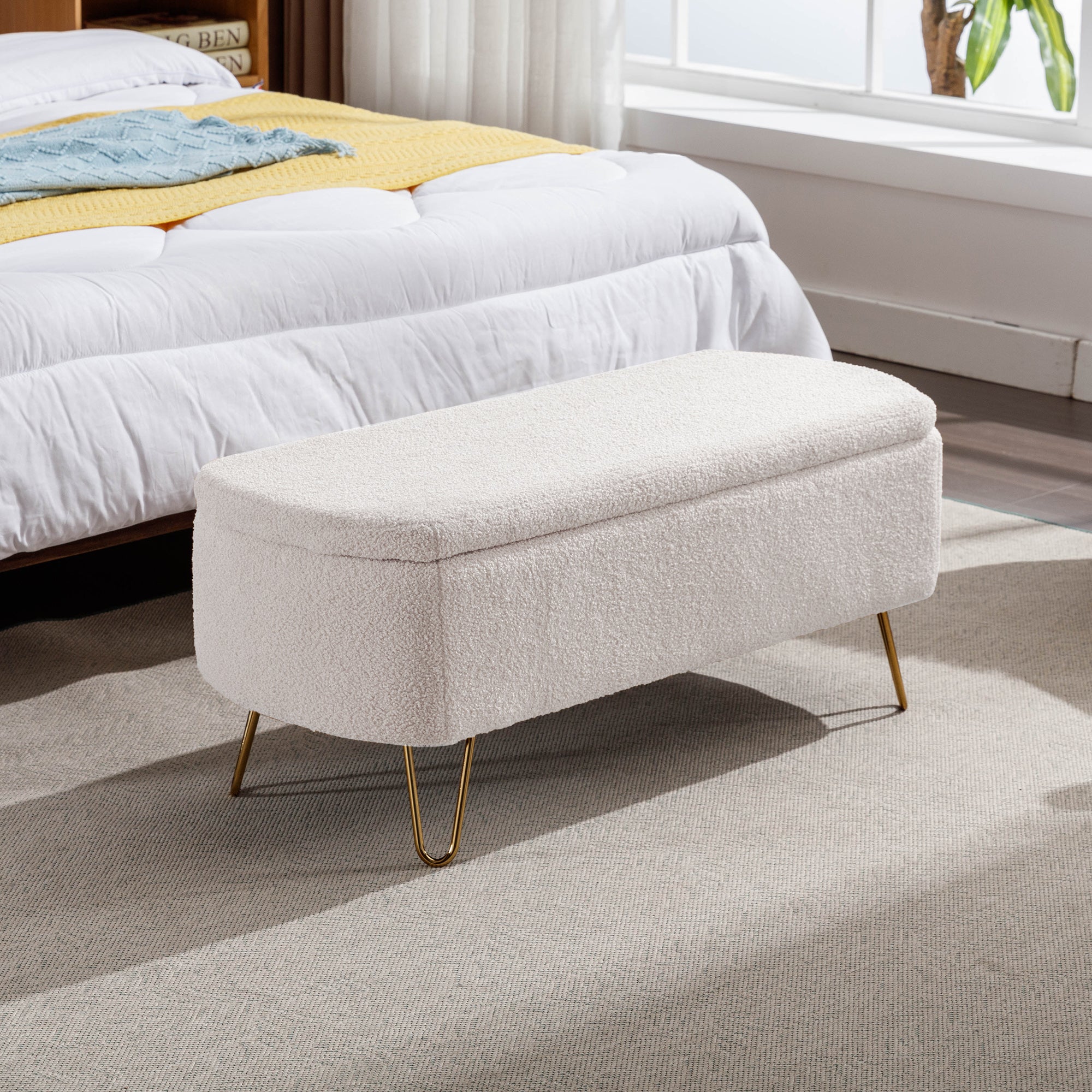 Aurora Ivory Faux Fur Storage Ottoman Bench with Gold Legs