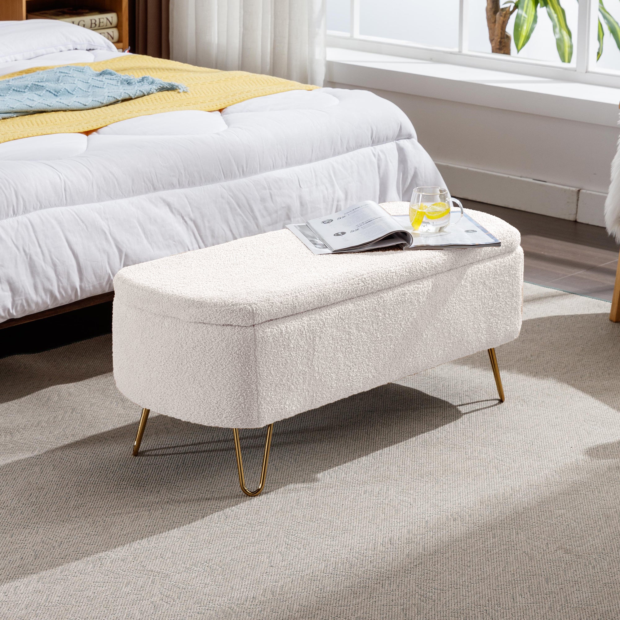 Aurora Ivory Faux Fur Storage Ottoman Bench with Gold Legs