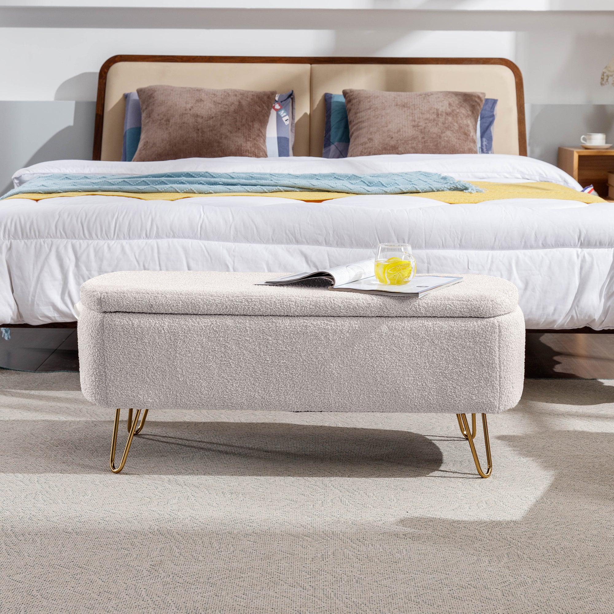 Aurora Ivory Faux Fur Storage Ottoman Bench with Gold Legs