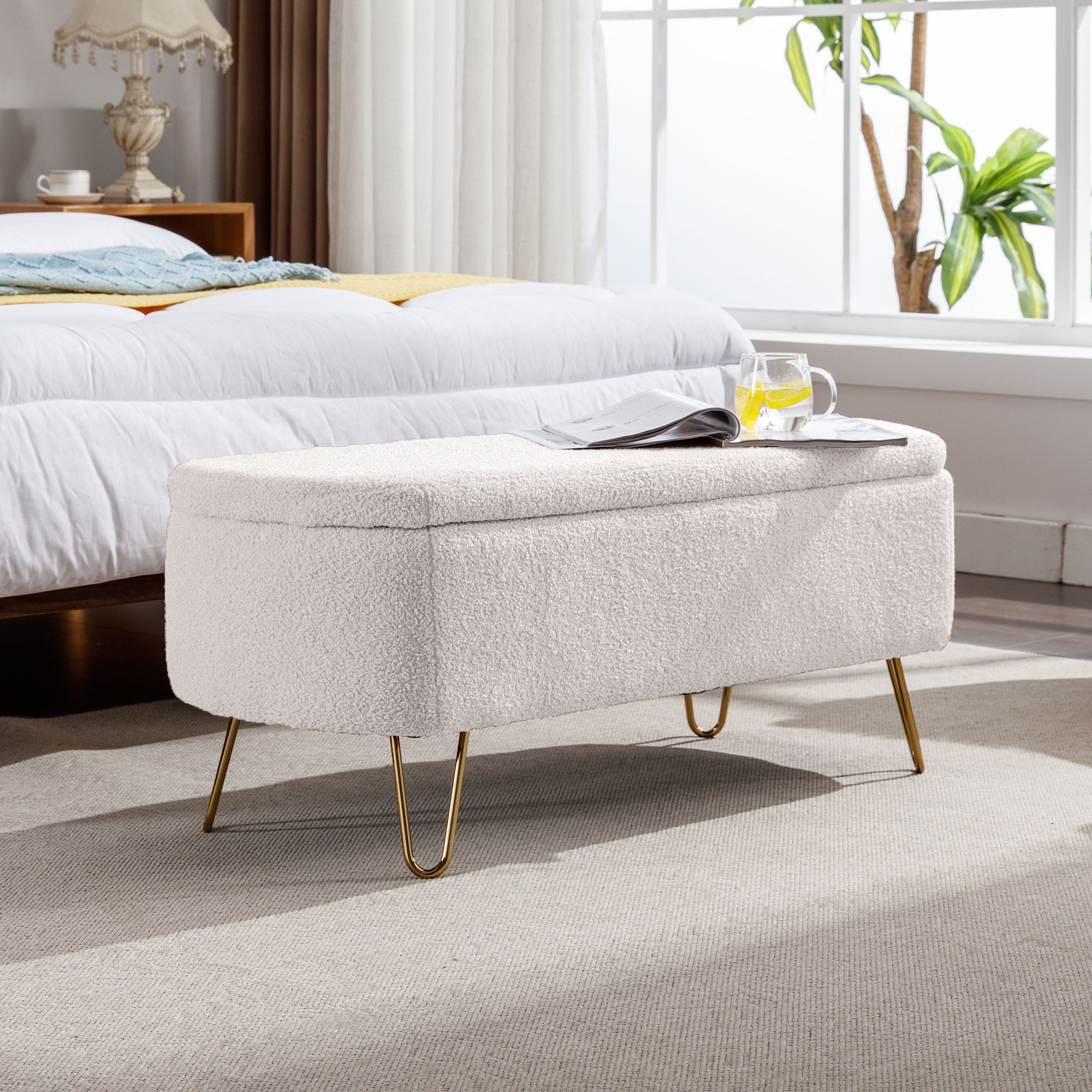 Aurora Ivory Faux Fur Storage Ottoman Bench with Gold Legs