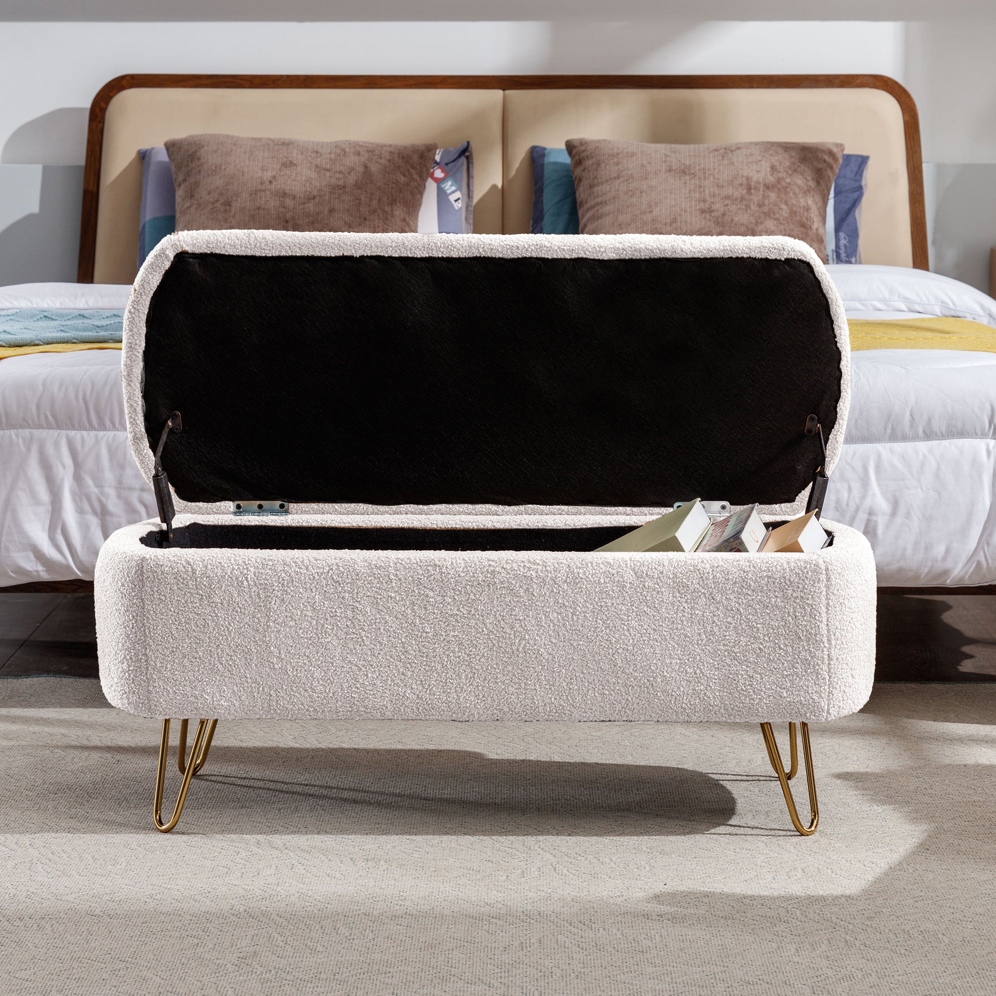 Aurora Ivory Faux Fur Storage Ottoman Bench with Gold Legs