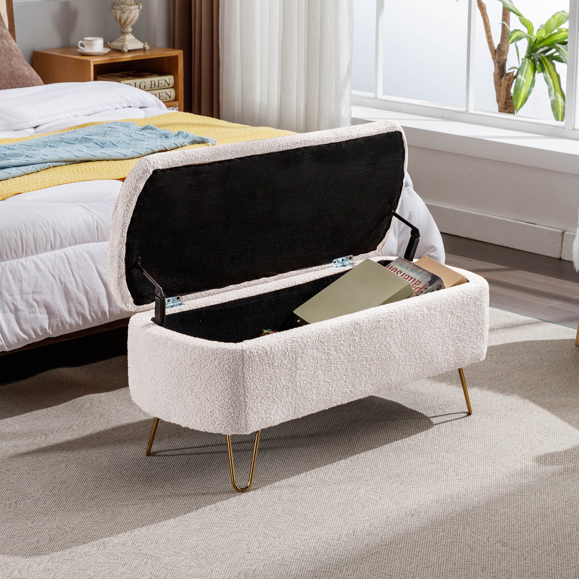 Aurora Ivory Faux Fur Storage Ottoman Bench with Gold Legs