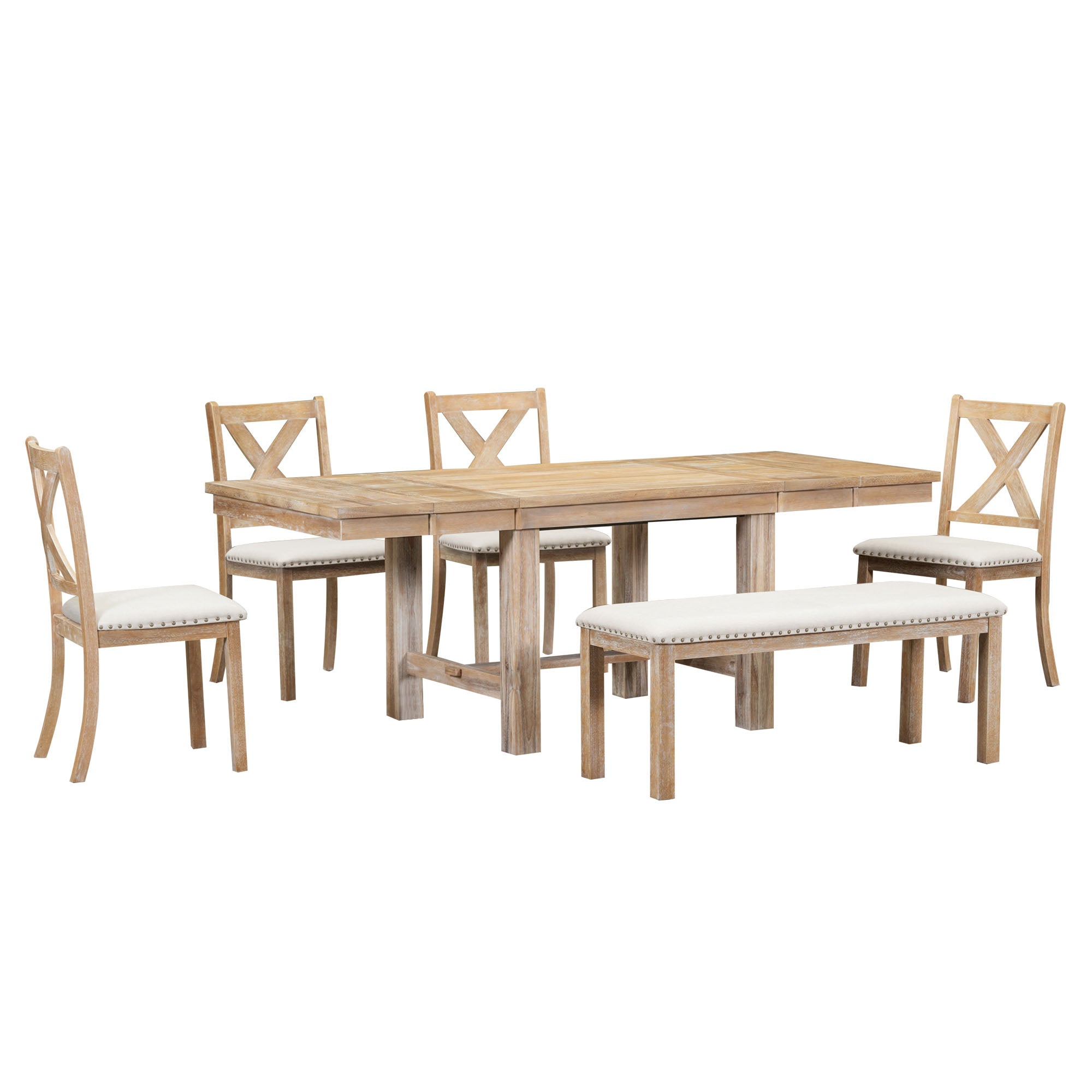 BUNKER 82" Farmhouse Extendable 6 Piece Dining Table Set with Bench and Chairs