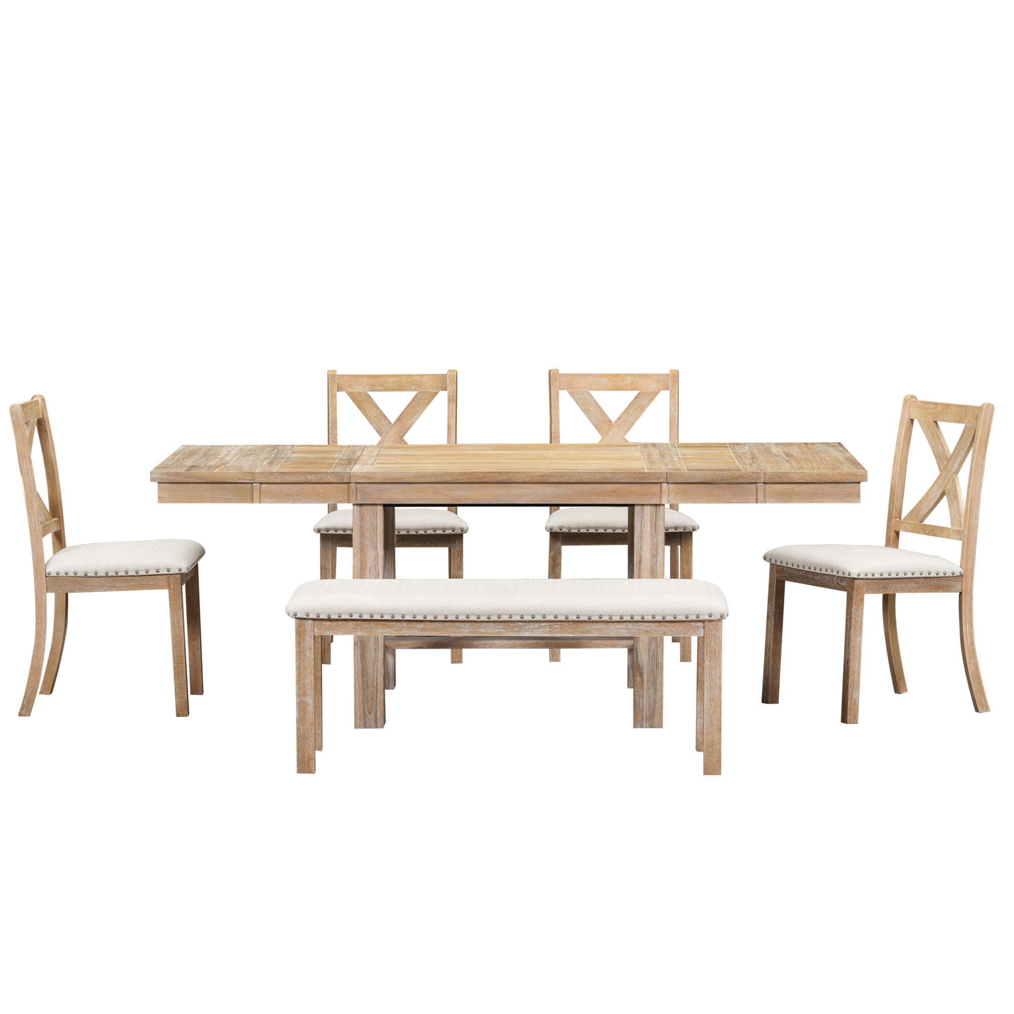 BUNKER 82" Farmhouse Extendable 6 Piece Dining Table Set with Bench and Chairs