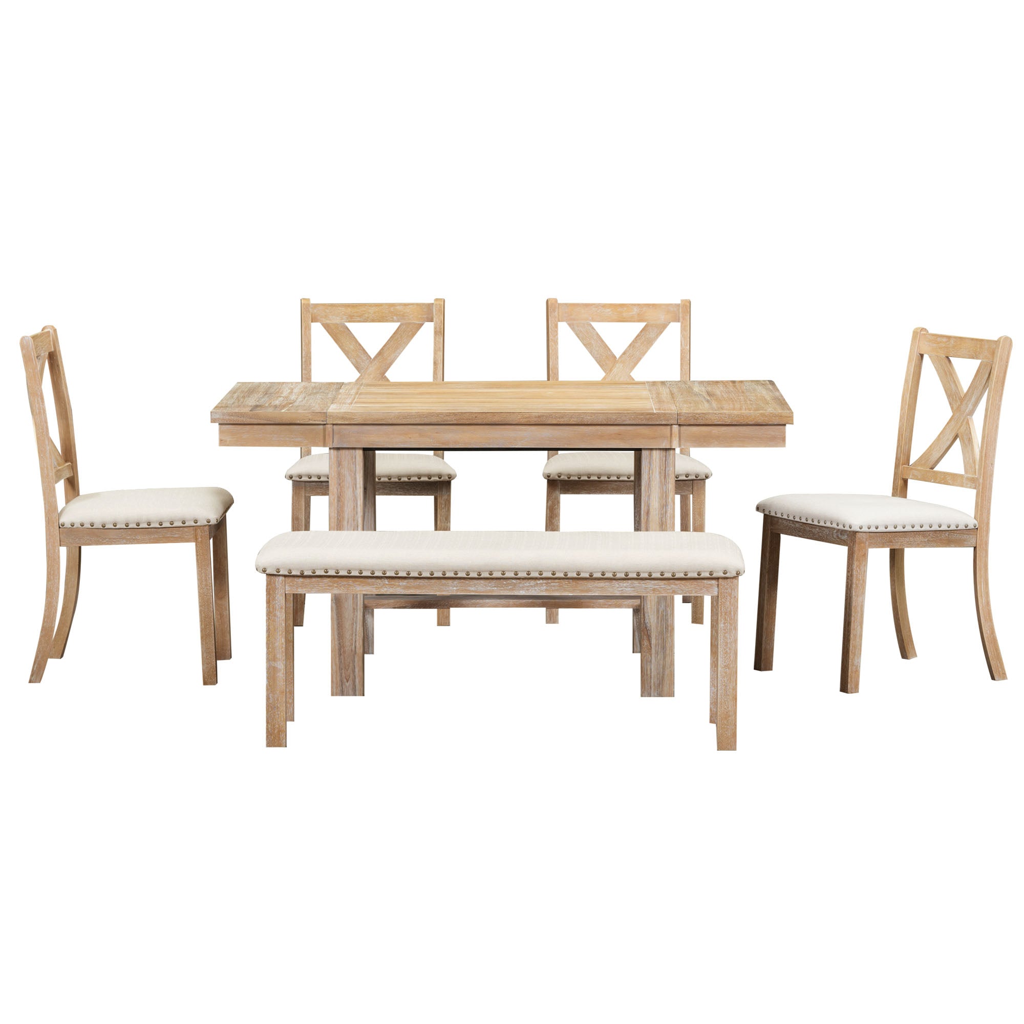 BUNKER 82" Farmhouse Extendable 6 Piece Dining Table Set with Bench and Chairs