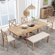 BUNKER 82" Farmhouse Extendable 6 Piece Dining Table Set with Bench and Chairs