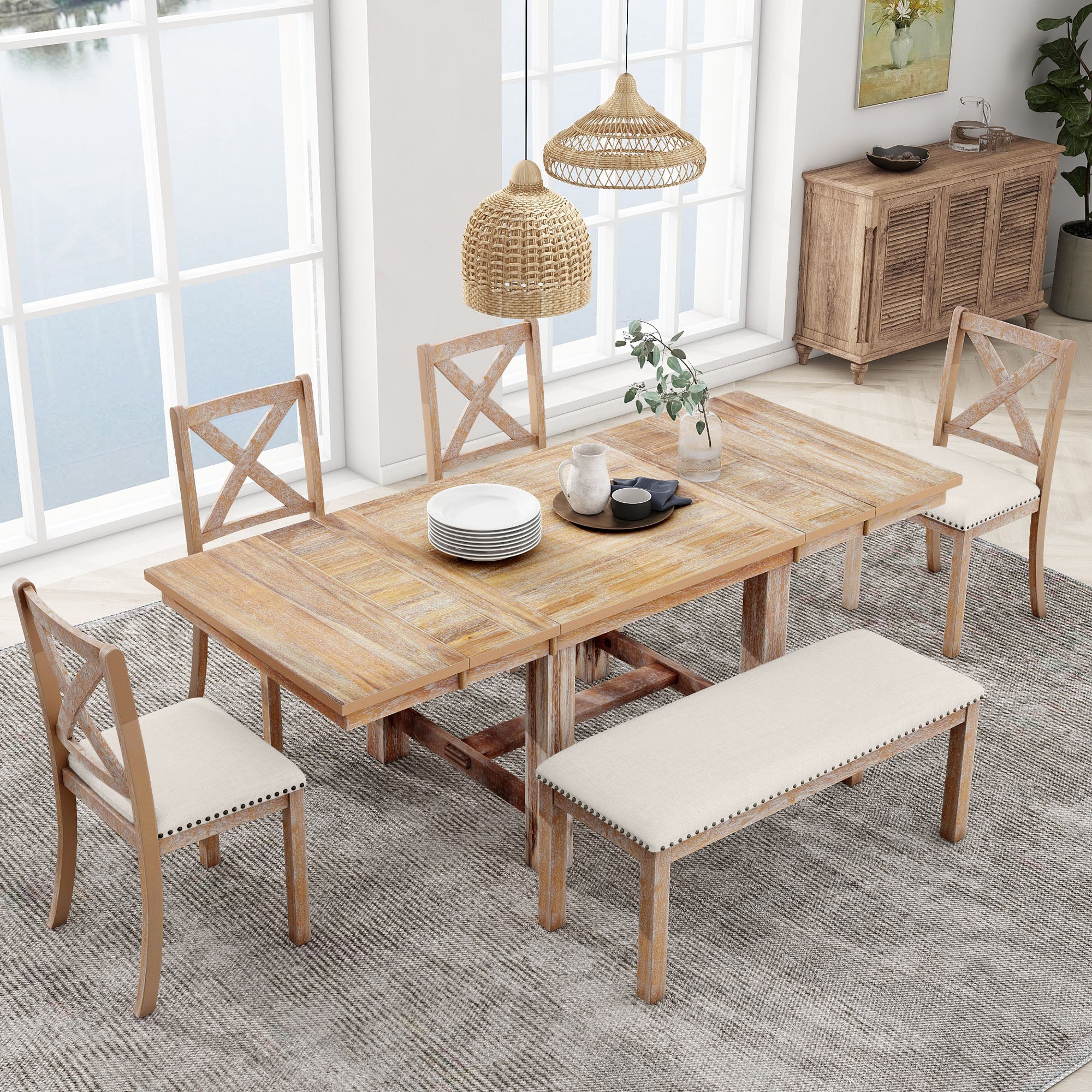 BUNKER 82" Farmhouse Extendable 6 Piece Dining Table Set with Bench and Chairs