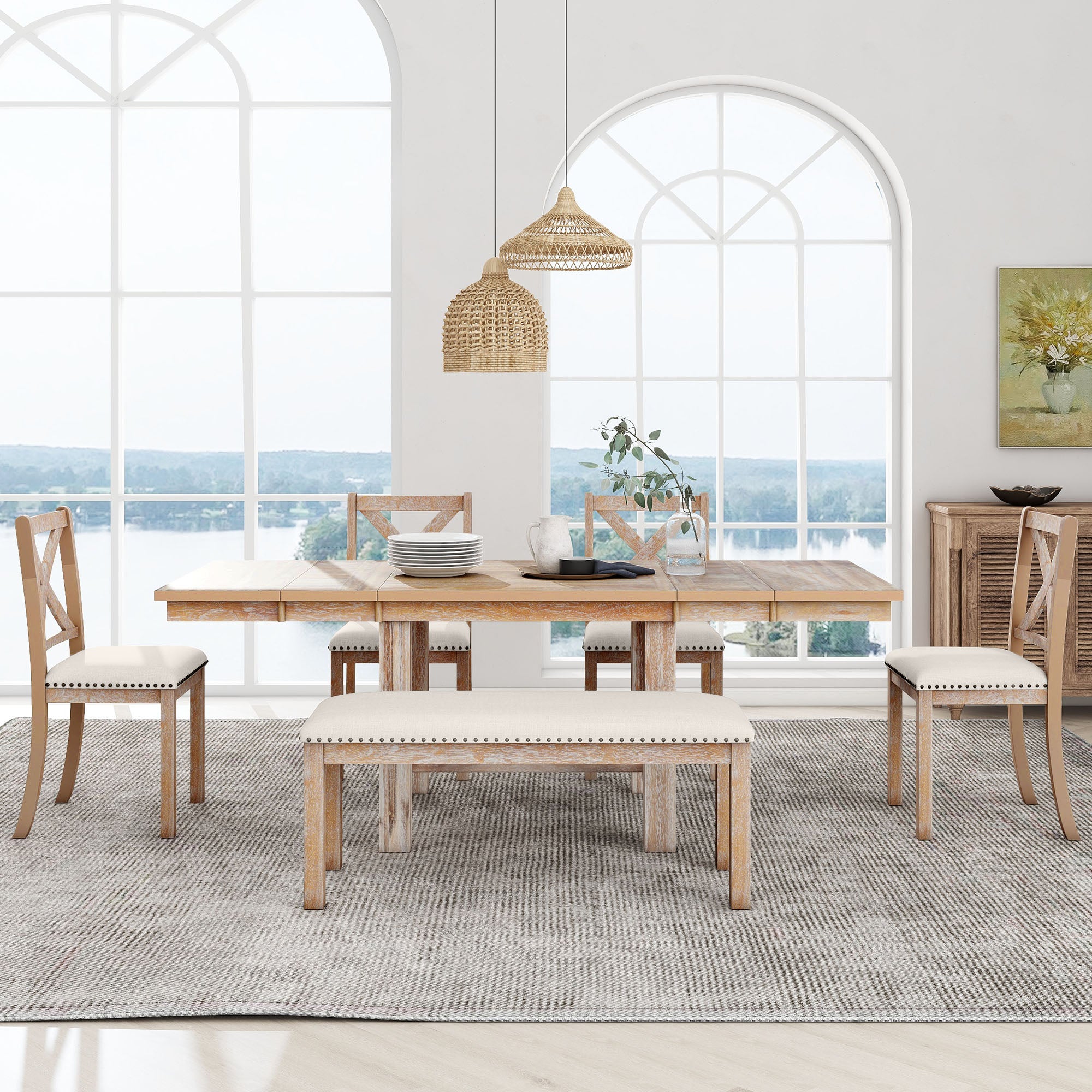 BUNKER 82" Farmhouse Extendable 6 Piece Dining Table Set with Bench and Chairs