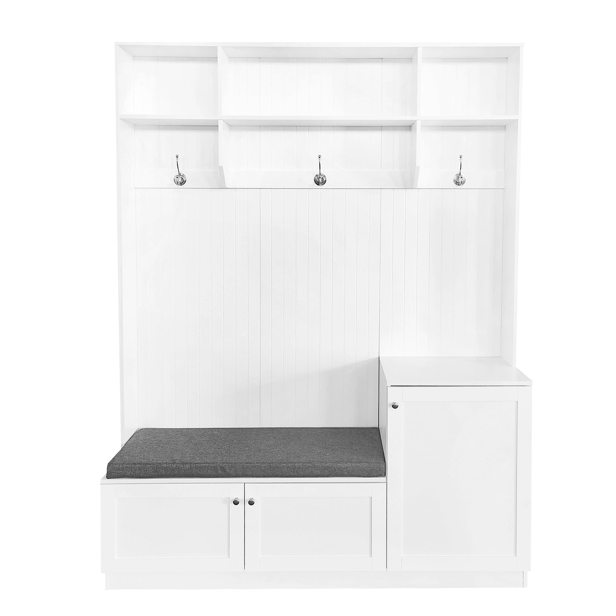 Clifford 78.7" Modern White Hall Tree Bench with Cushion Drawers and Coat Hooks