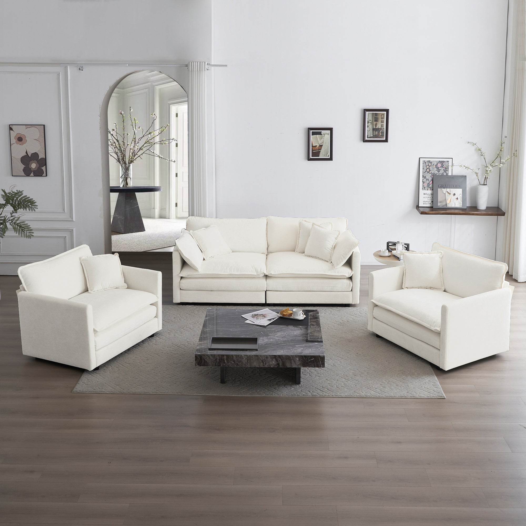 Fremont 3 Piece Chenille Upholstered Modular Sofa Set with Armchairs and Loveseat