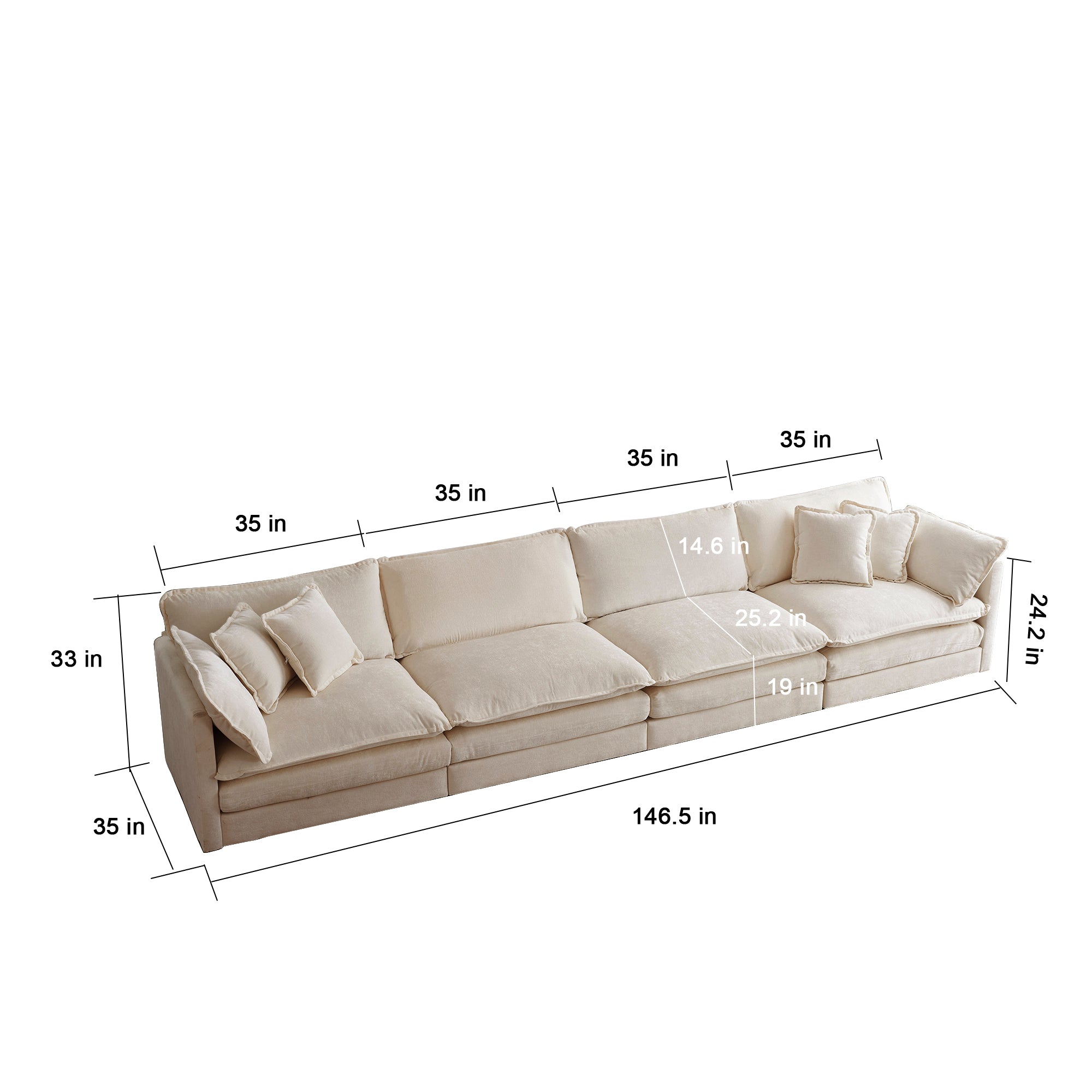 Fremont 147" 4-Seater Chenille Upholstered Modular Sofa with Toss Pillows