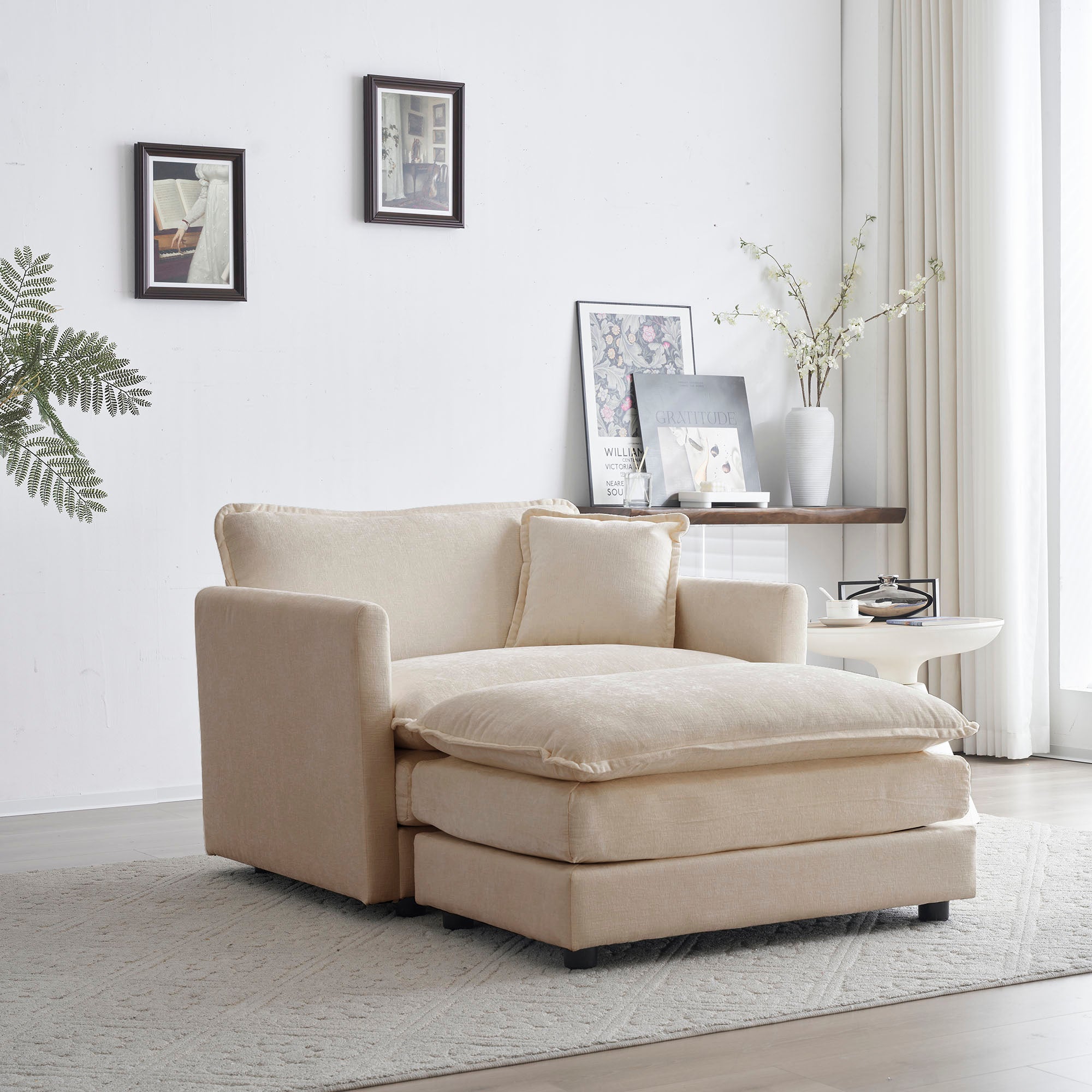 Aven Modern Beige Chenille Accent Chair with Ottoman for Living Room