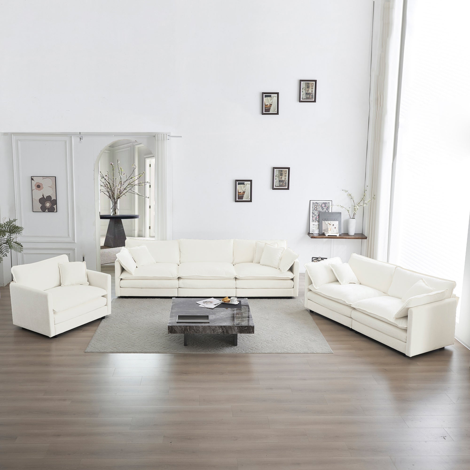 Fremont 3-Piece Modular Chenille Upholstered Sofa Set with Armchair, Loveseat and 3-Seater Sofa