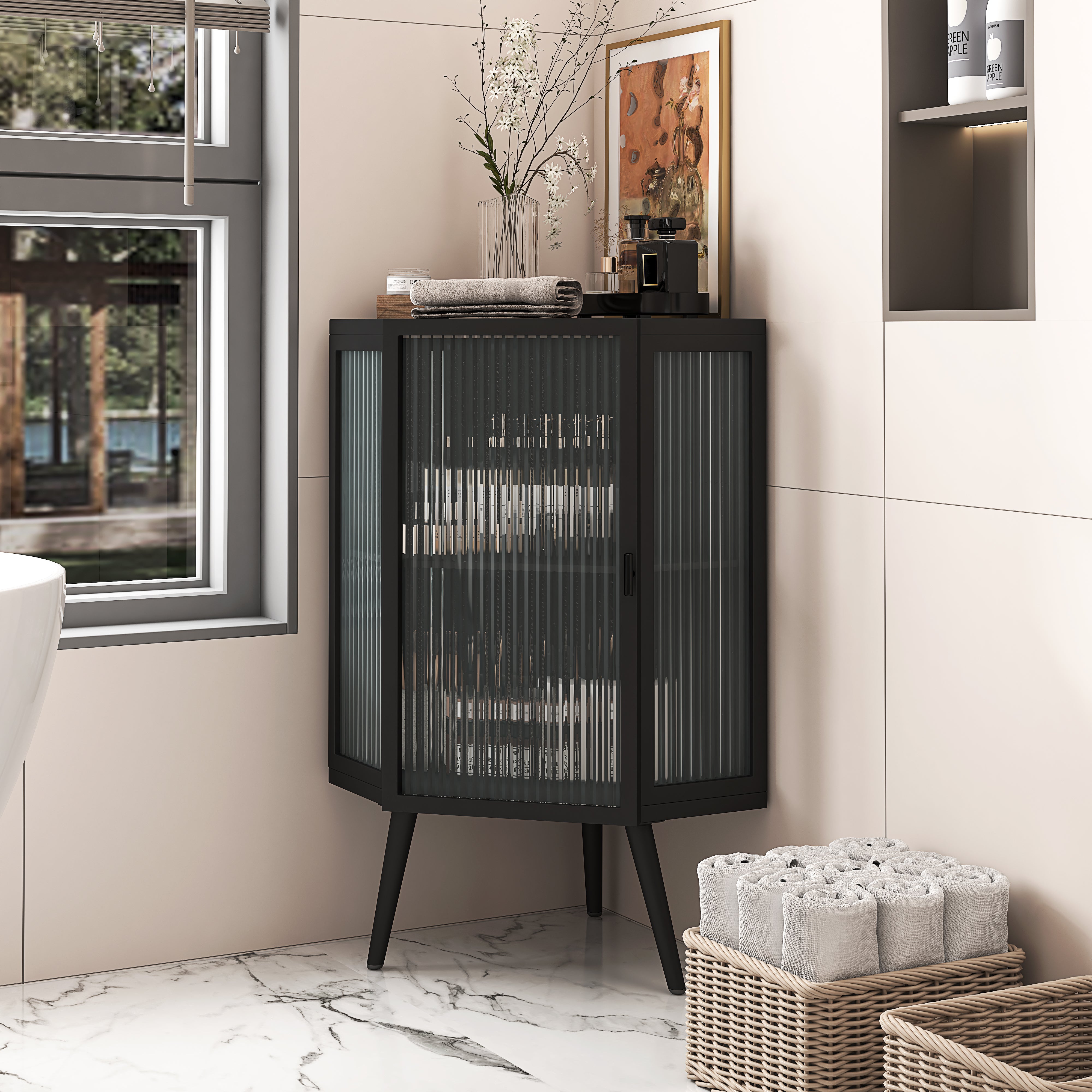 Homy Casa Corner Floor Cabinet 22.25" Storage Cabinet with Glass Door