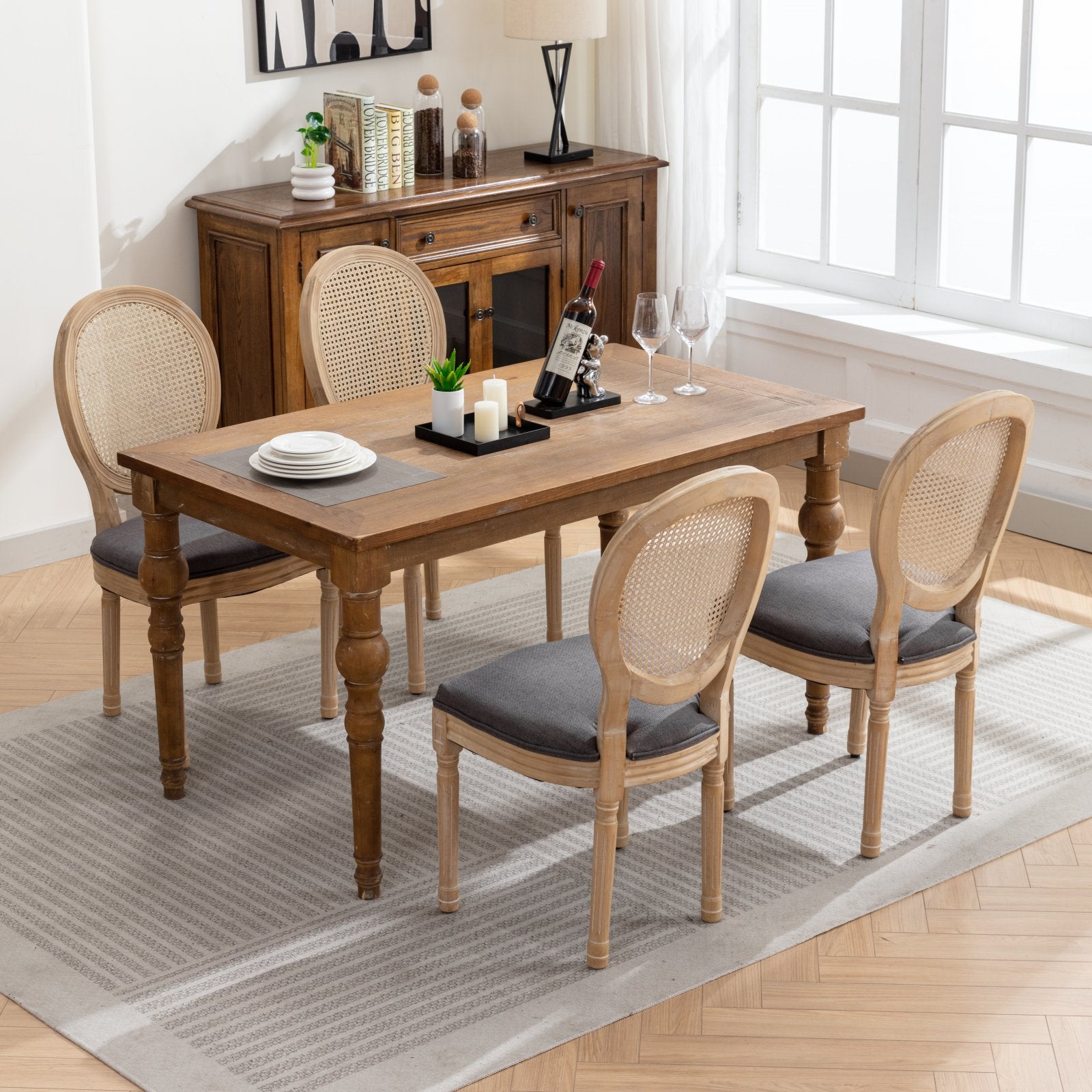 Celeste French Style Gray Linen Rattan Back Dining Chairs Set of 2