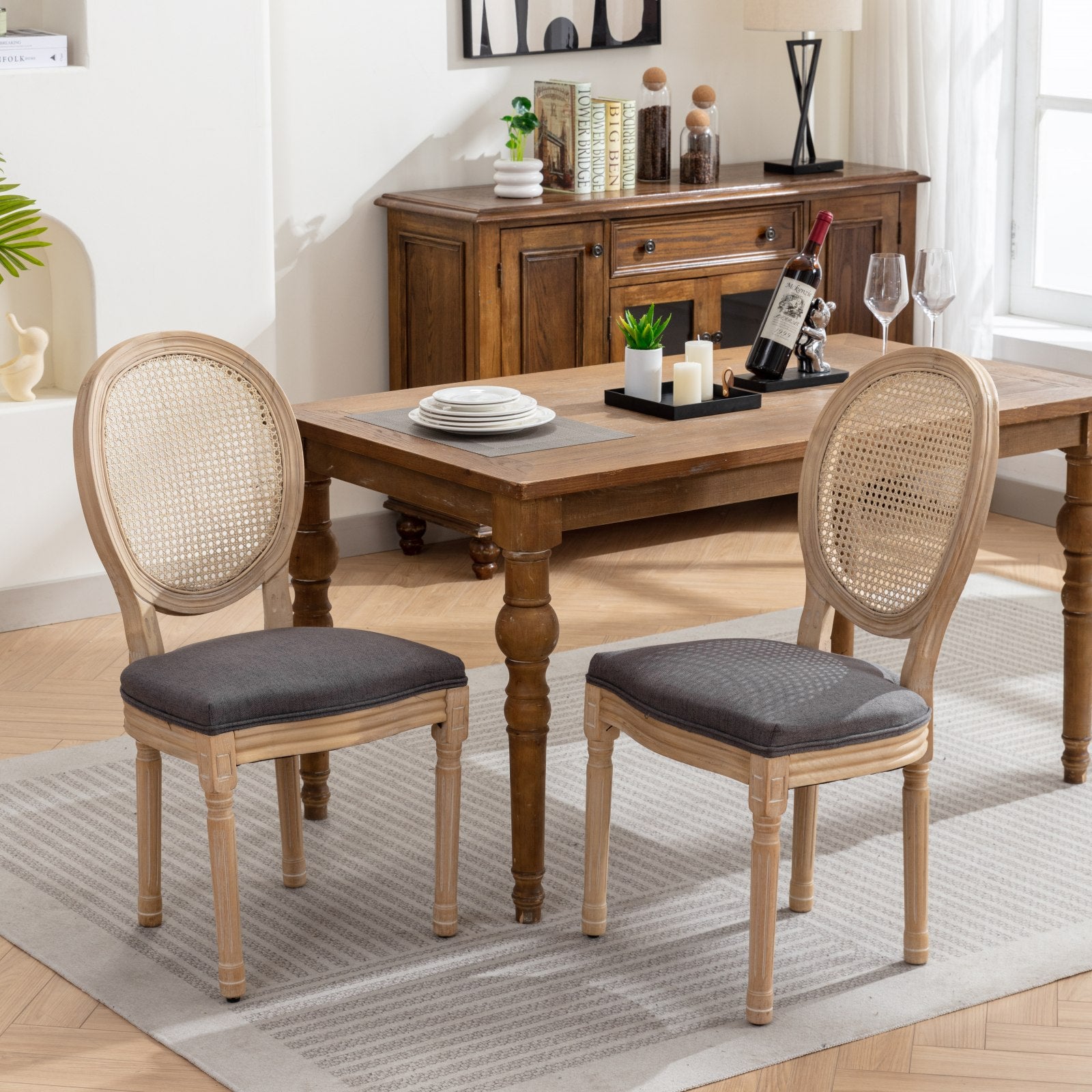 Celeste French Style Gray Linen Rattan Back Dining Chairs Set of 2