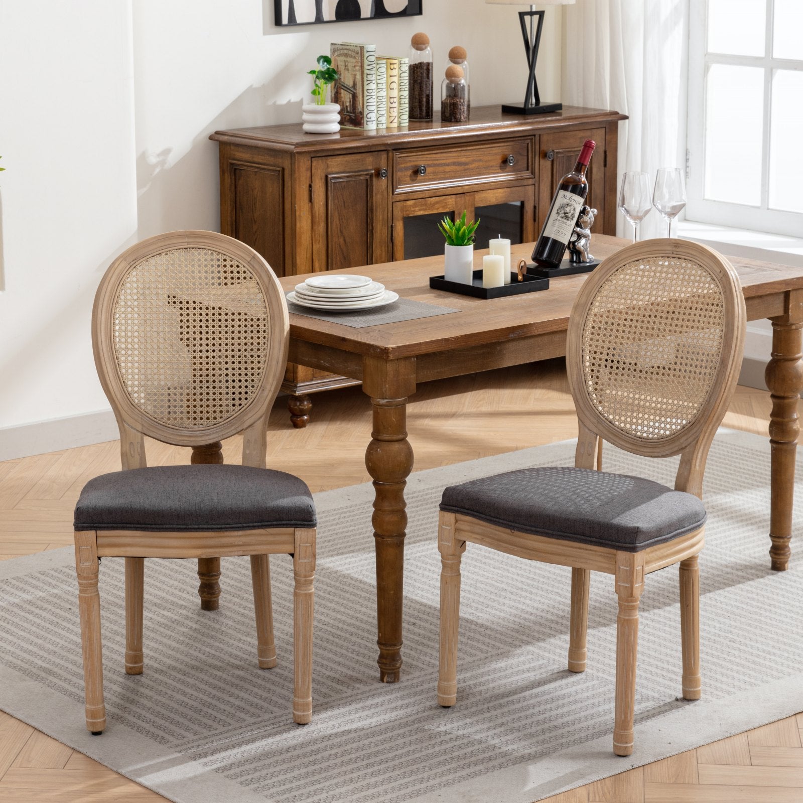 Celeste French Style Gray Linen Rattan Back Dining Chairs Set of 2