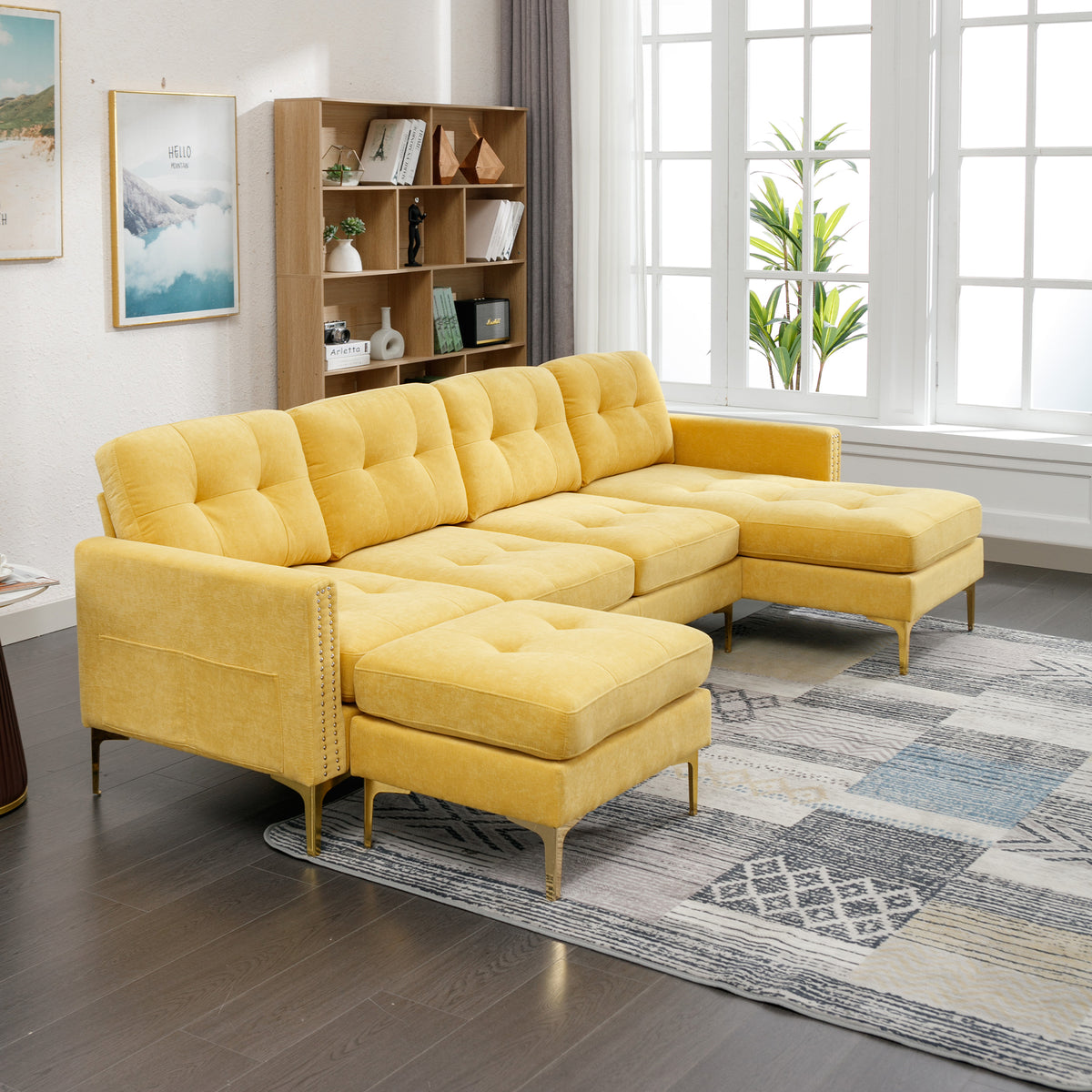 Lubbock 110.6" U-Shaped Convertible Velvet Sectional Sofa with Ottoman