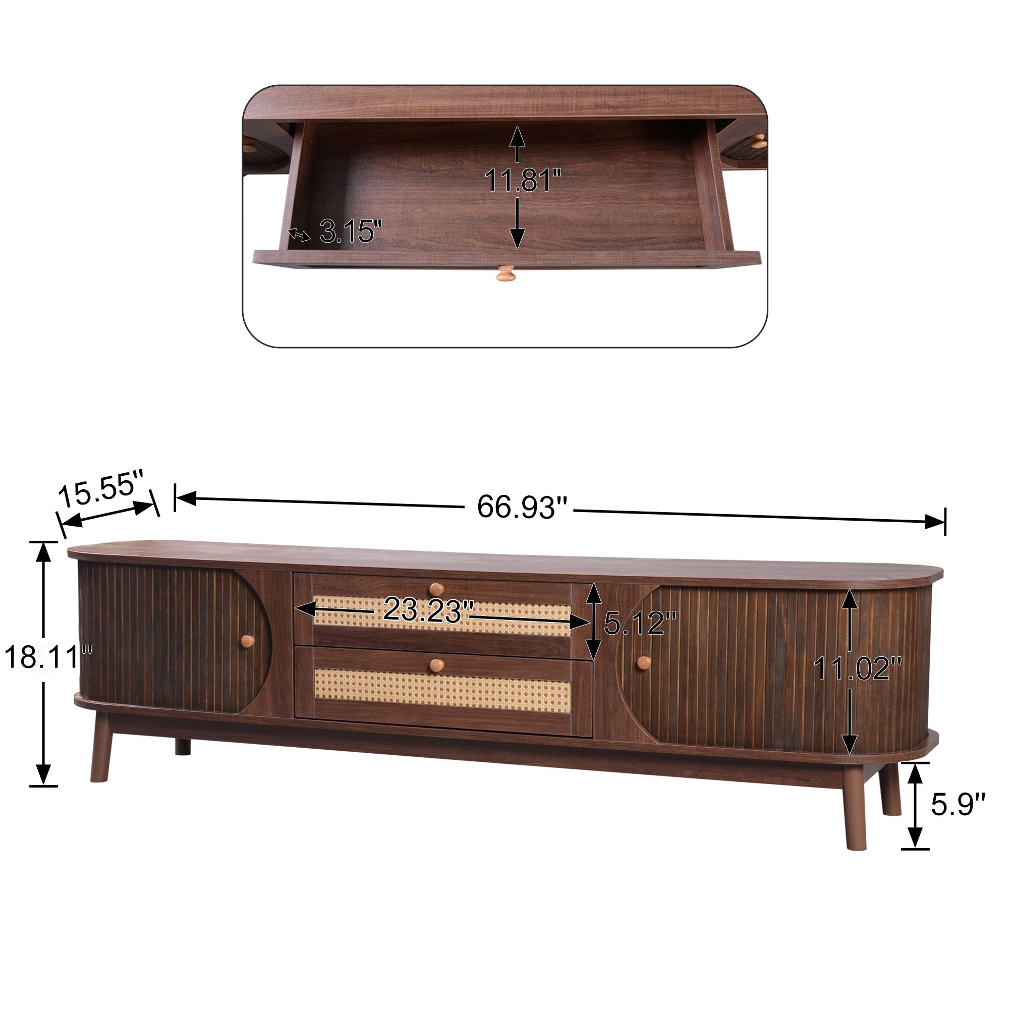 Cusco Mid-Century Rattan TV Stand with Solid Wood Legs