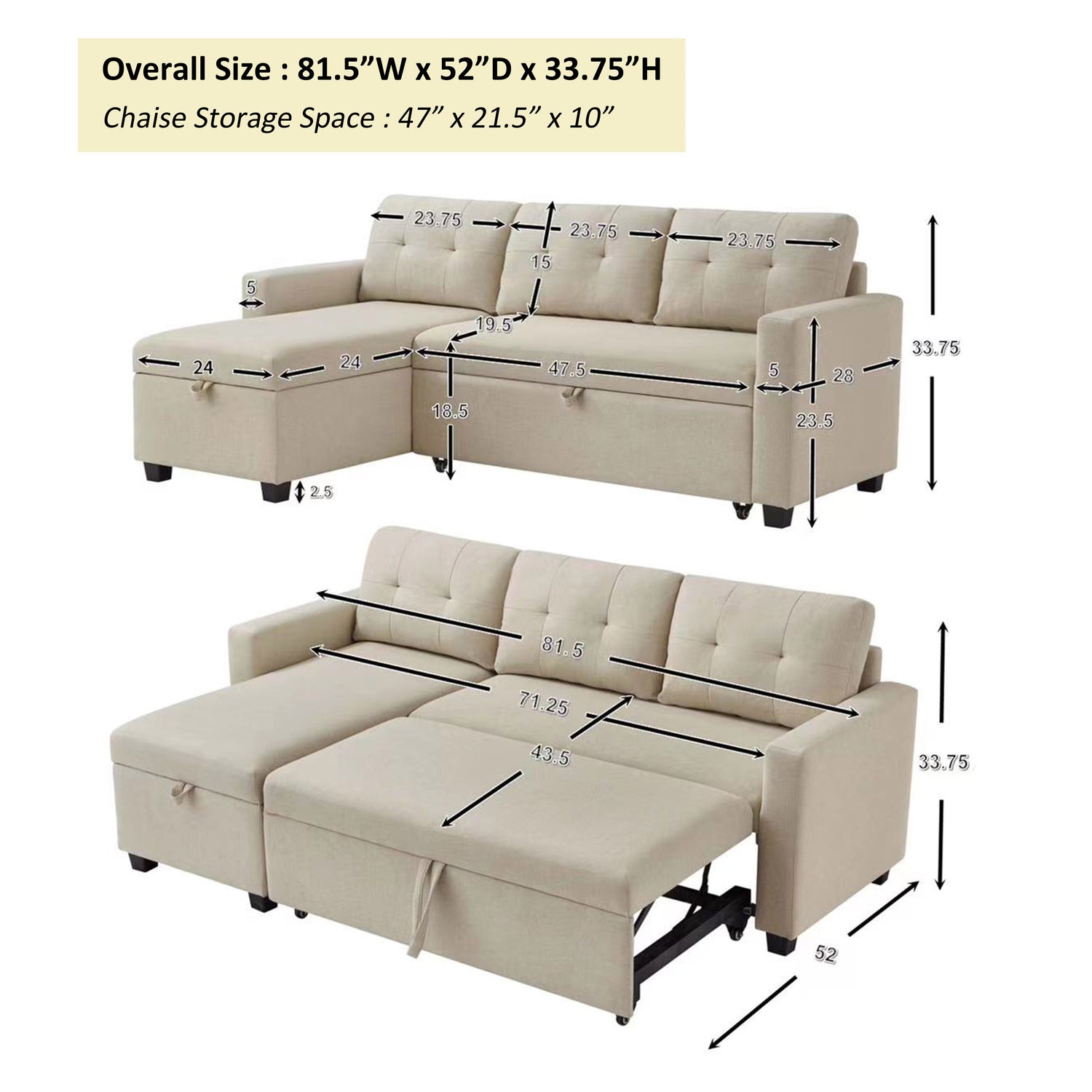 Boise Upholstered Sectional Sleeper Sofa with Storage Chaise, Beige