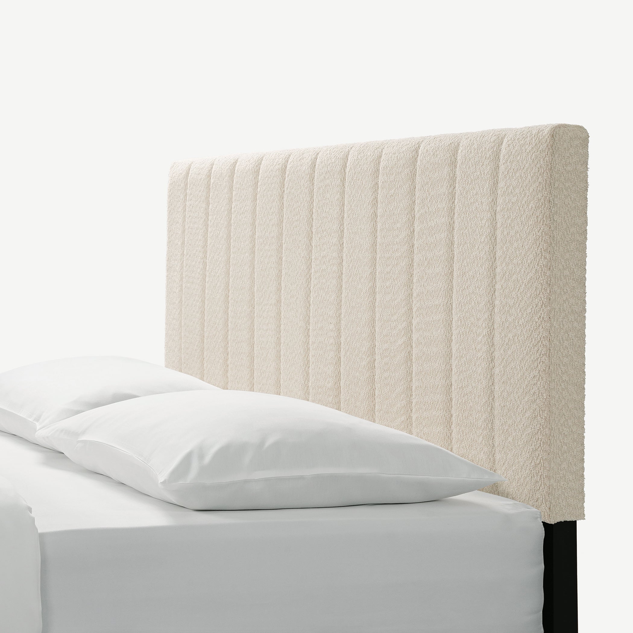 Cream White Upholstered Queen Platform Bed Frame, Tufted Channel Headboard, Mid-Century Bedroom Furniture, No Box Spring Required, Bed Frame Wood Slats, Modern Soft Boucle