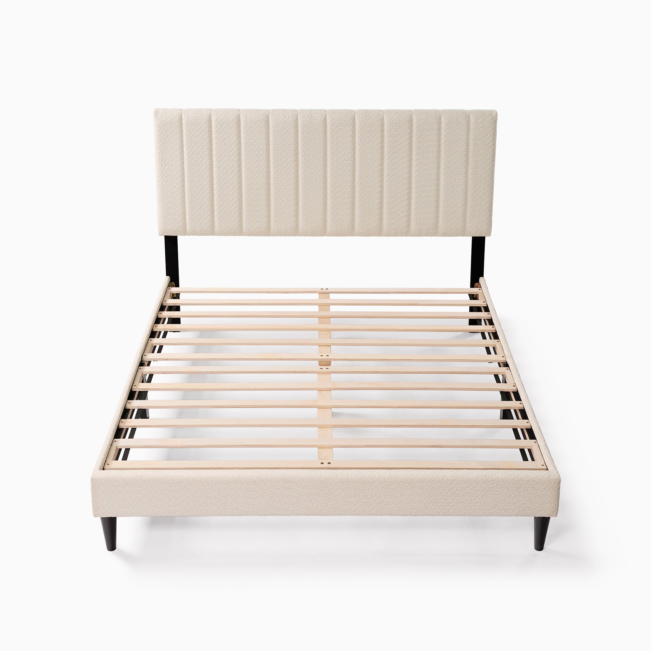 Cream White Upholstered Queen Platform Bed Frame, Tufted Channel Headboard, Mid-Century Bedroom Furniture, No Box Spring Required, Bed Frame Wood Slats, Modern Soft Boucle